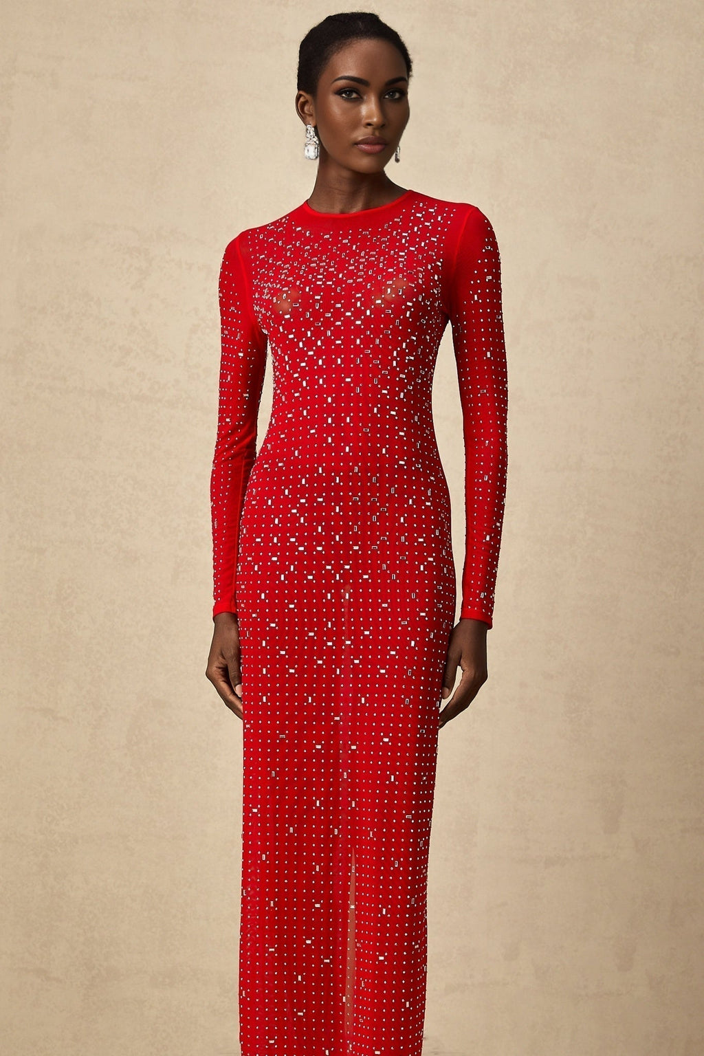 Vivian Maxi Dress in Vibrant Red with Rhinestone Embellishments & Long Flared Sleeves