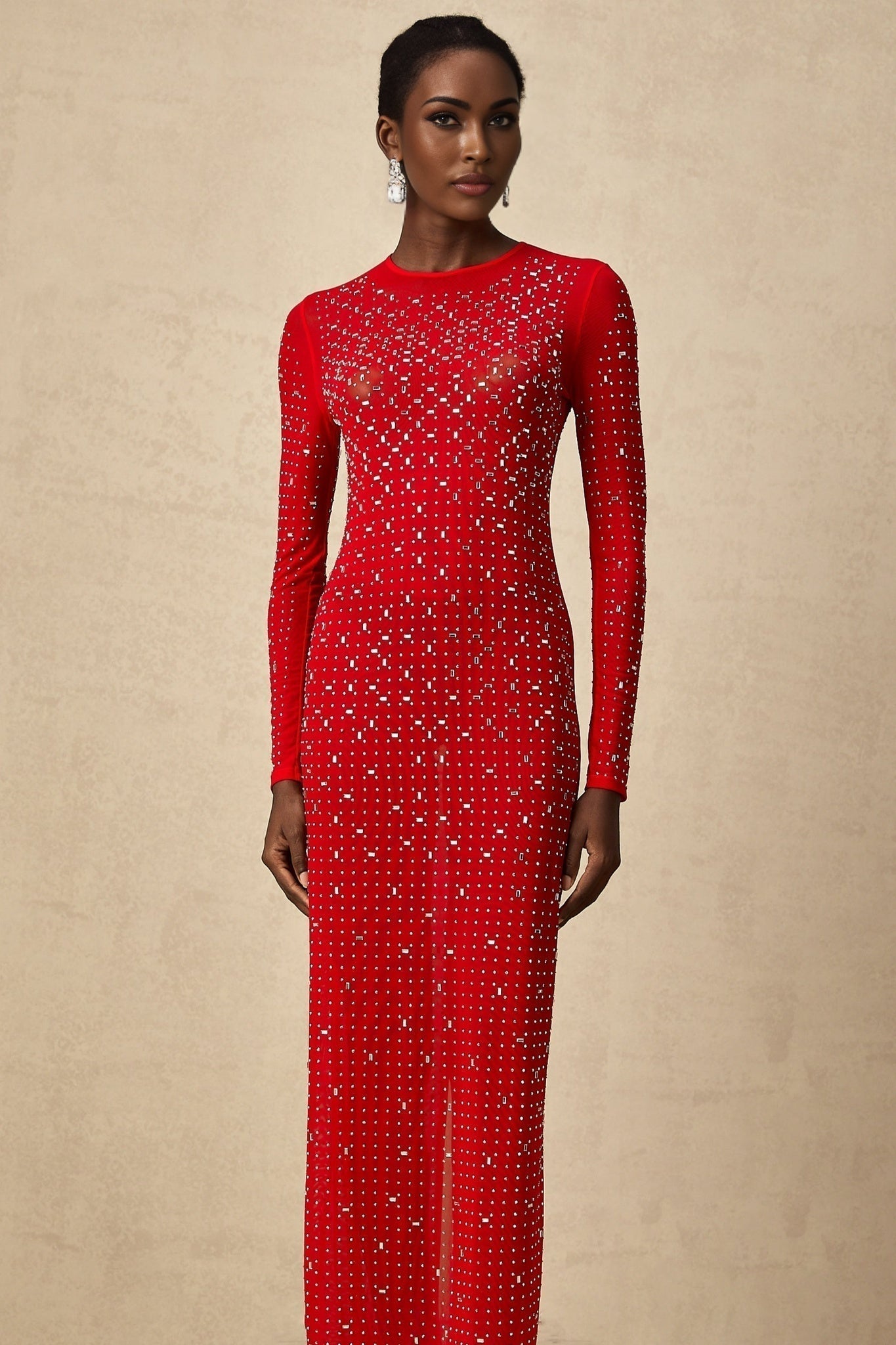 Vivian Maxi Dress in Vibrant Red with Rhinestone Embellishments & Long Flared Sleeves
