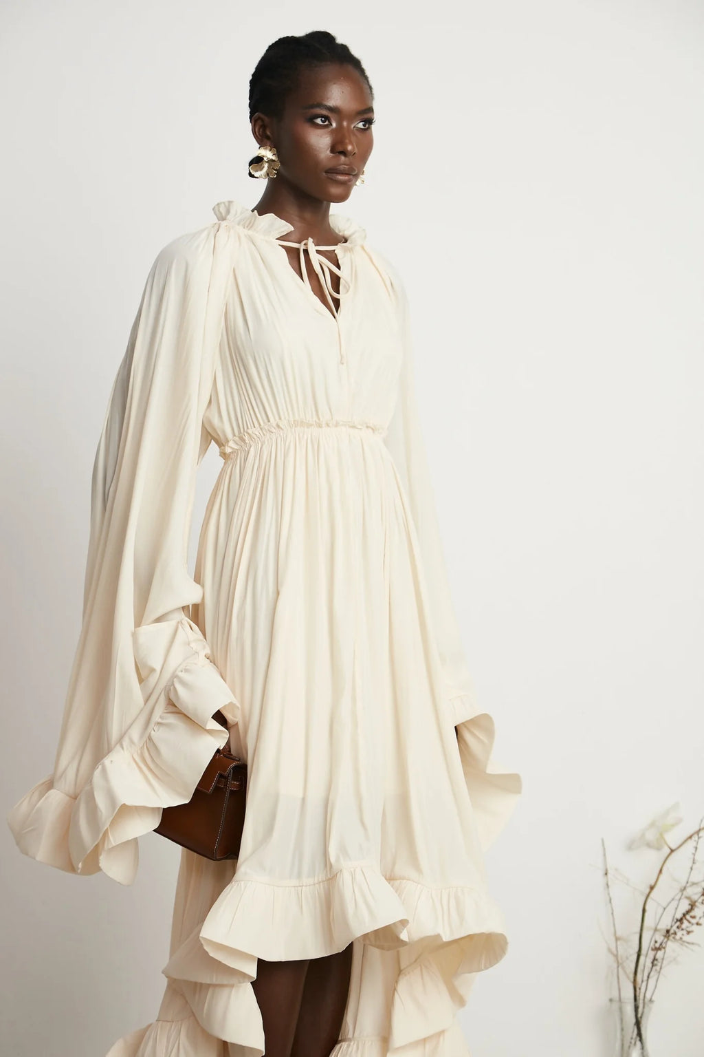 Vivian Midi Dress with V - Neck and Ruffled Detailing