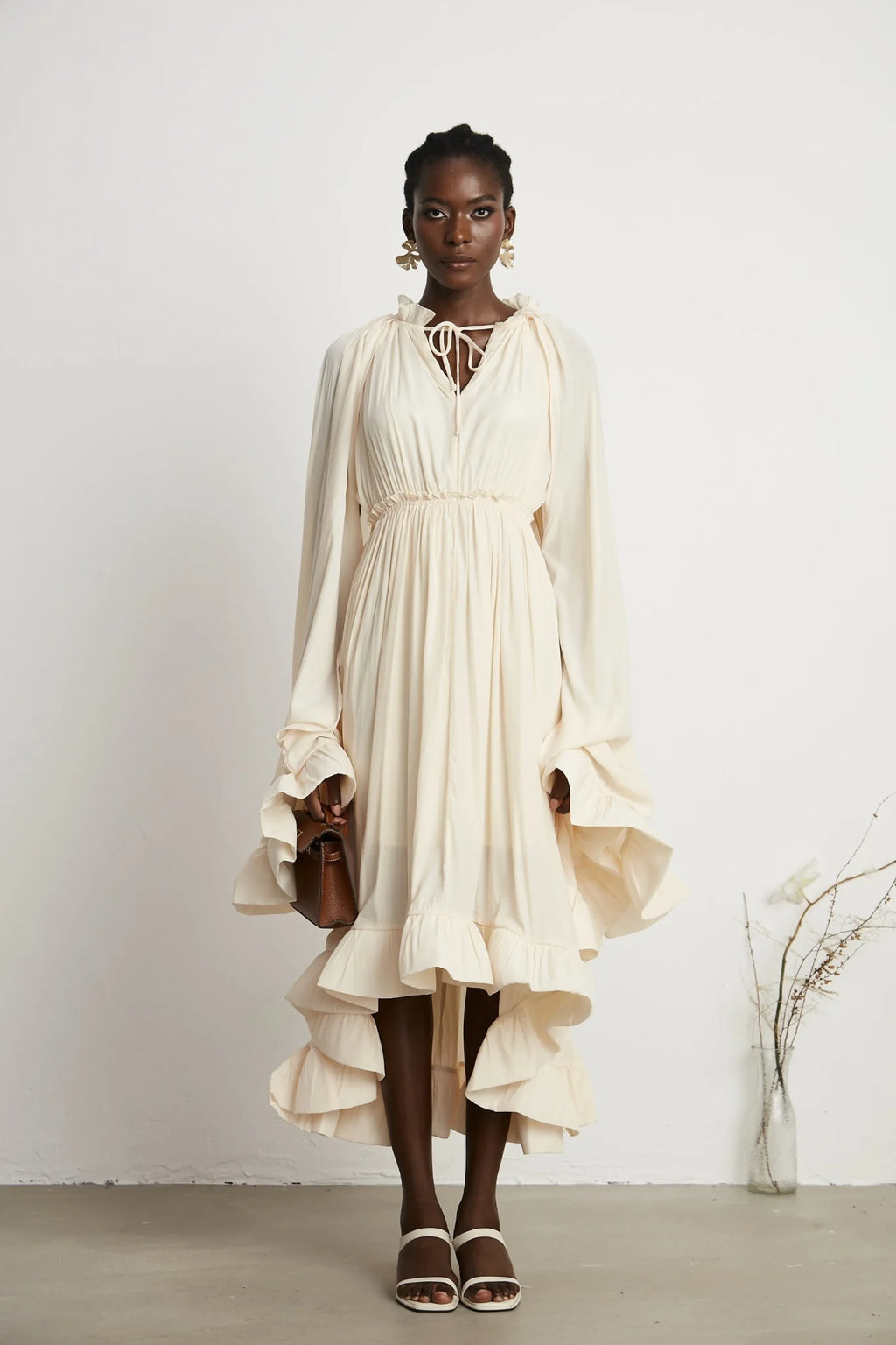 Vivian Midi Dress with V - Neck and Ruffled Detailing