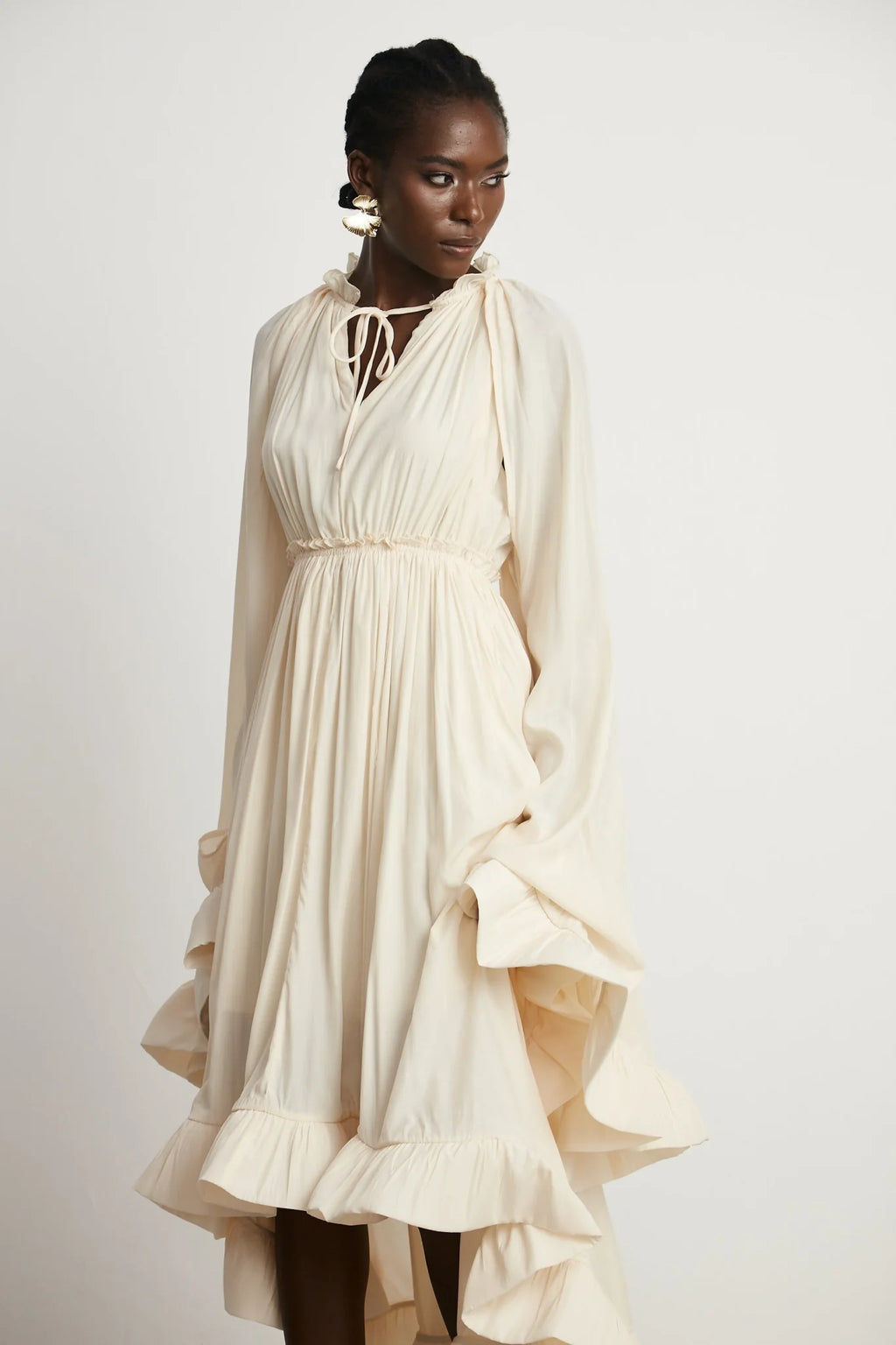 Vivian Midi Dress with V - Neck and Ruffled Detailing