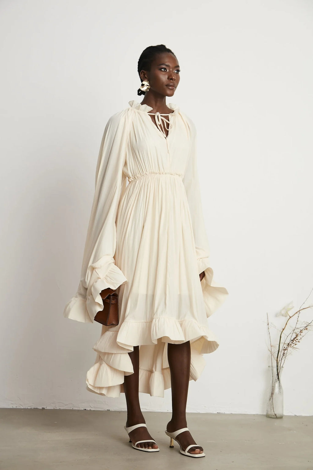 Vivian Midi Dress with V - Neck and Ruffled Detailing