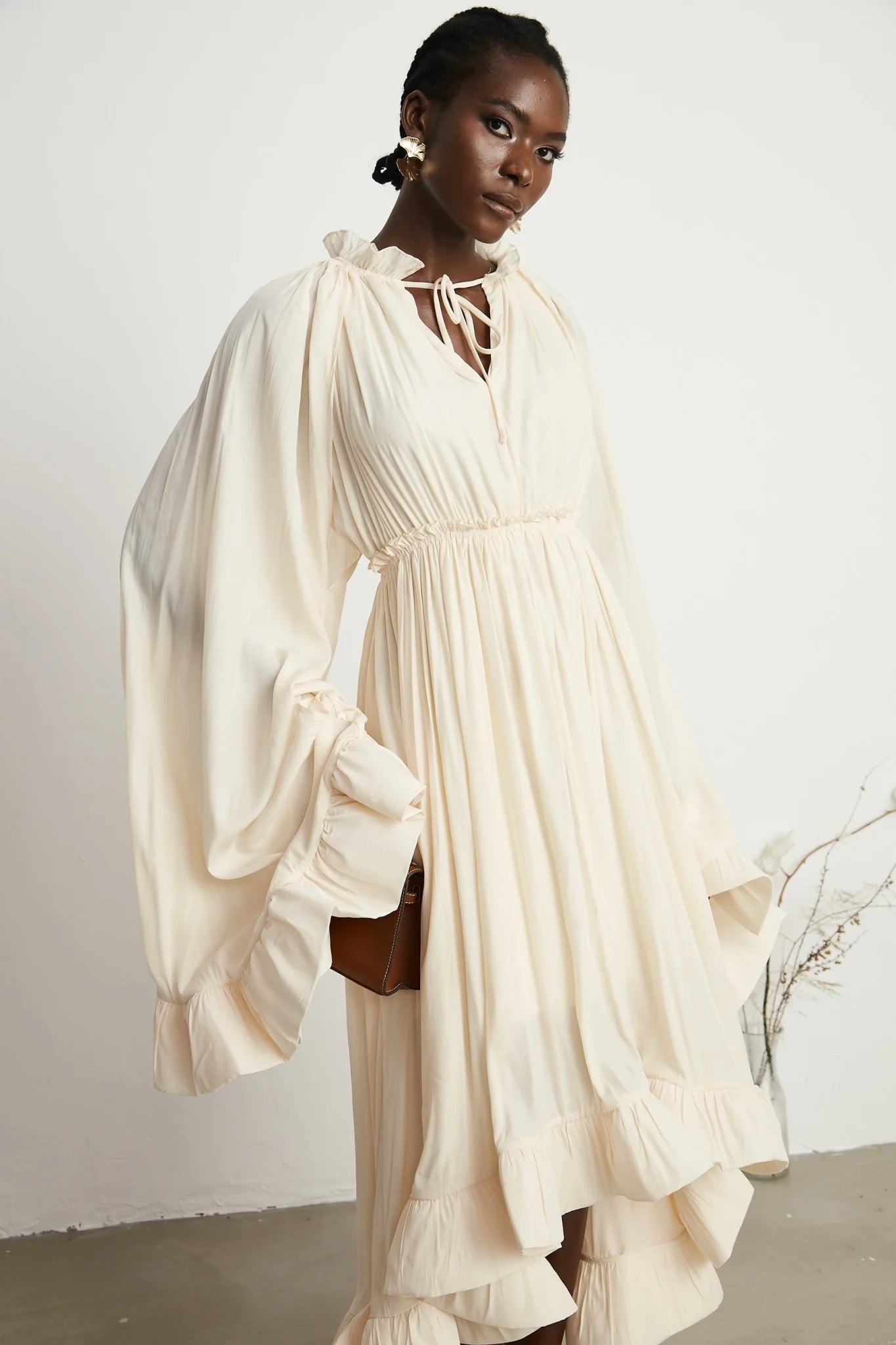 Vivian Midi Dress with V - Neck and Ruffled Detailing