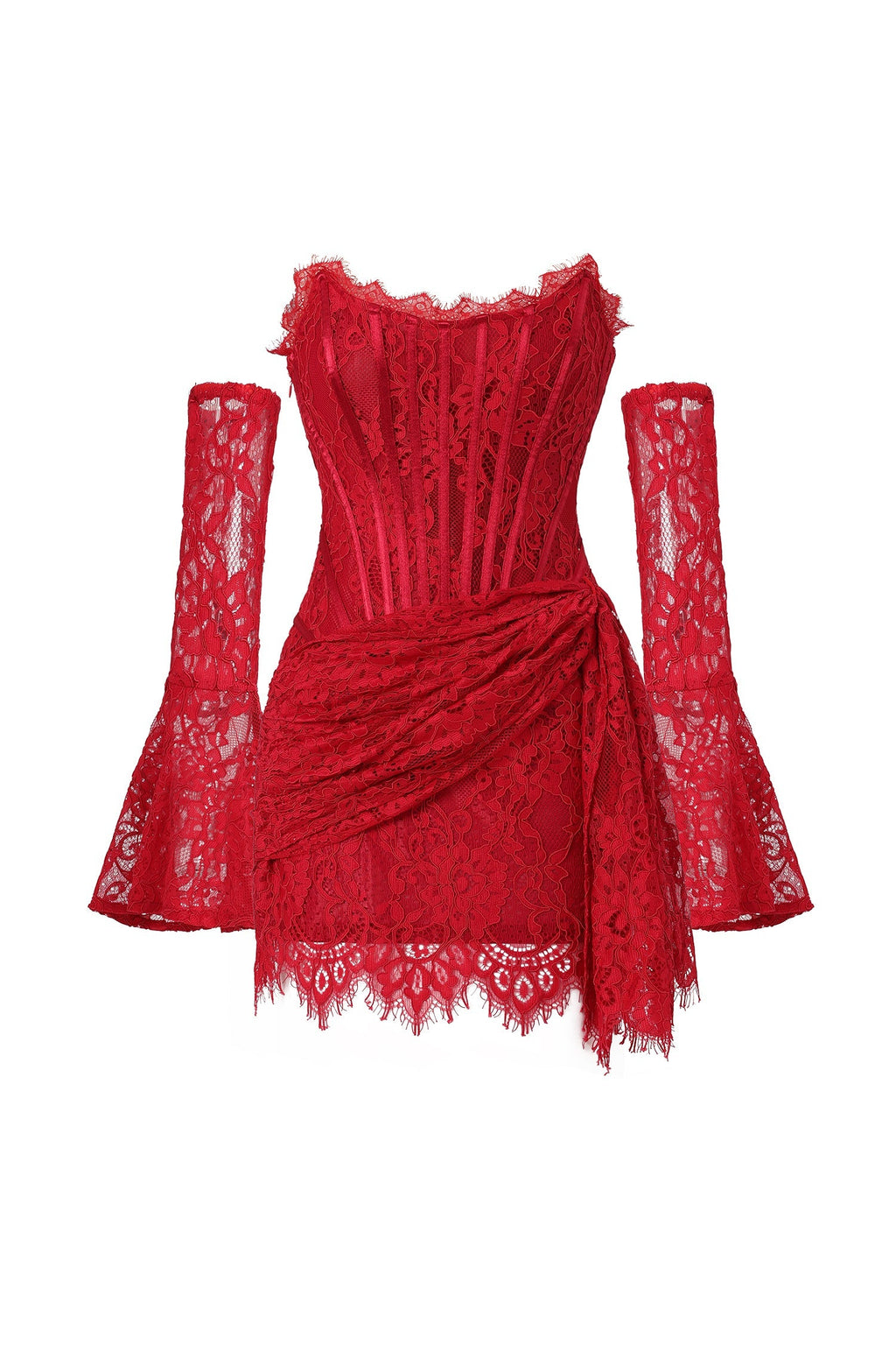Vivian Red Lace Corset Dress Mini Length Off-Shoulder Sleeves
