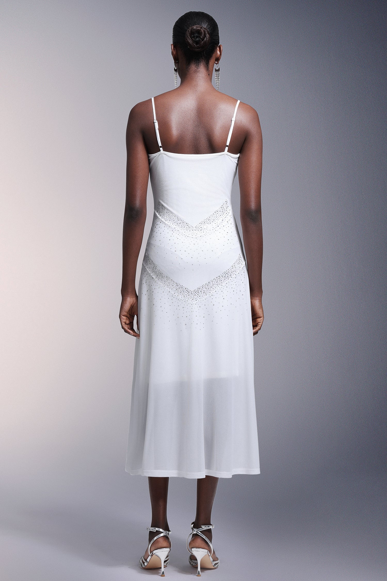 White Diamond Sleeveless Midi Dress with Draped Neckline and Embellishments