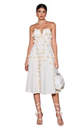 White Eve Flowers Tube Midi Dress with delicate floral appliqués