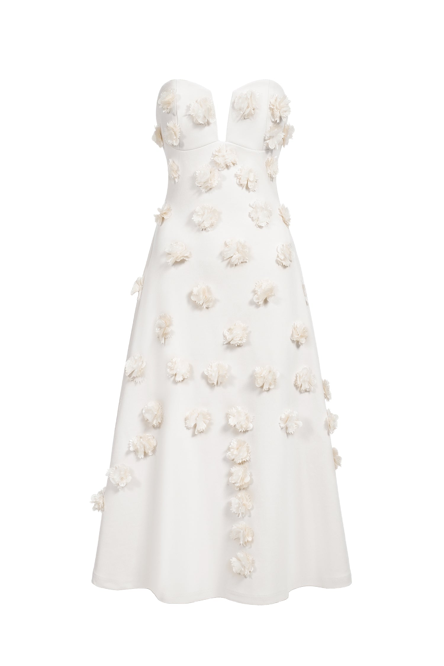 White Eve Flowers Tube Midi Dress with delicate floral appliqués