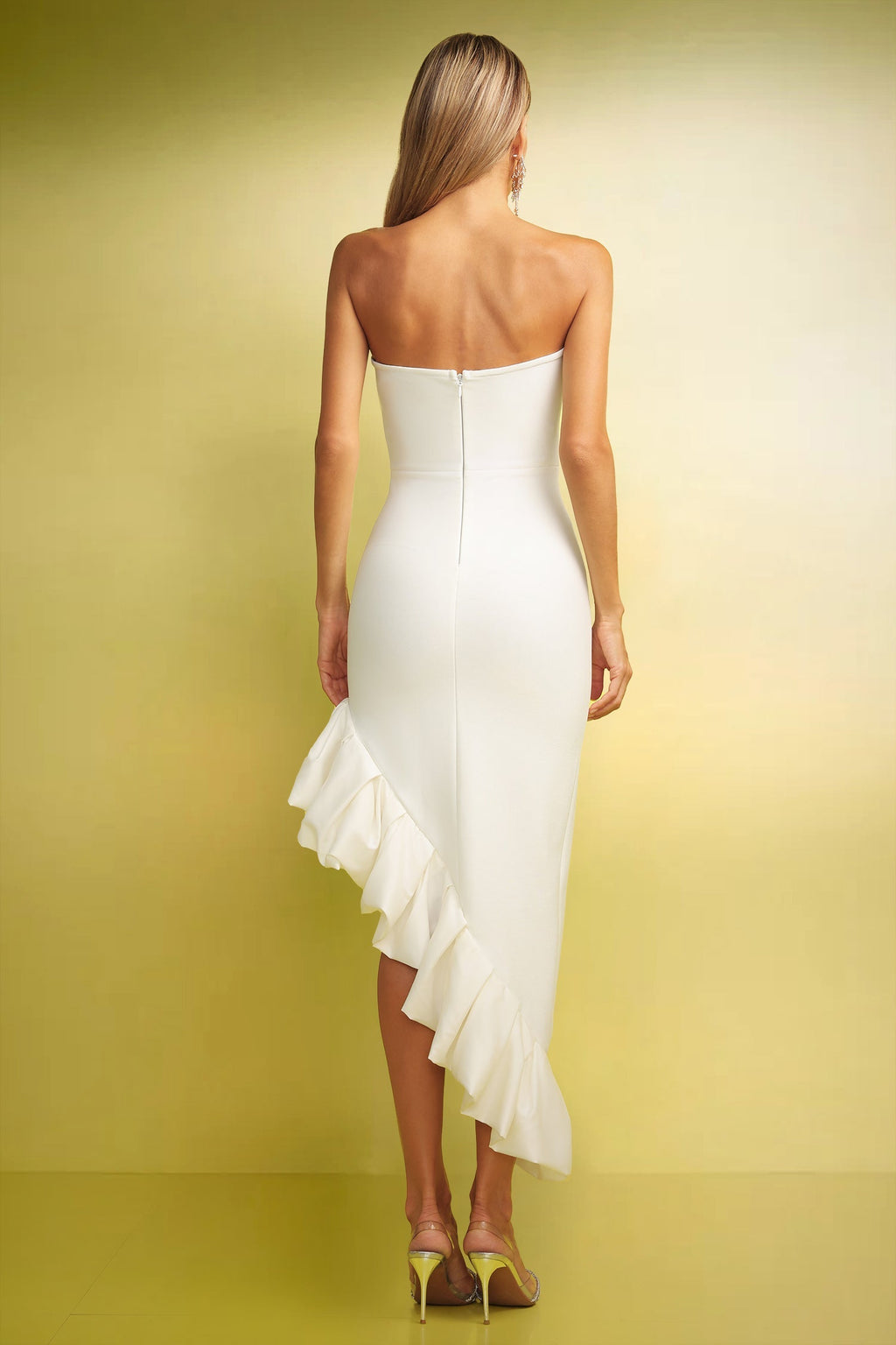 White Gaia Slit Strapless Falbala Bandage Midi Dress