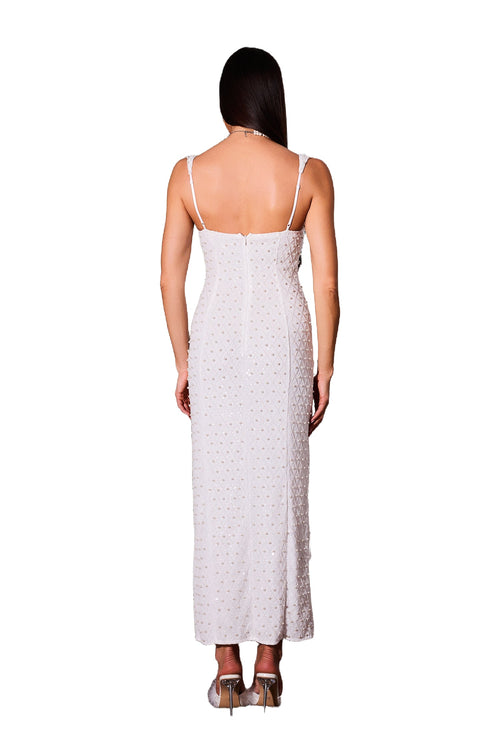 White Kivi Pearl Side Slit Midi Dress for Special Occasions