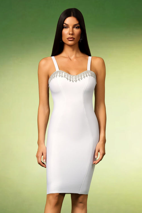 White Lunare Sleeveless Diamond Tassels Bandage Mini Dress