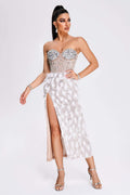 White Mylie Strapless Diamonate Feather Midi Dress