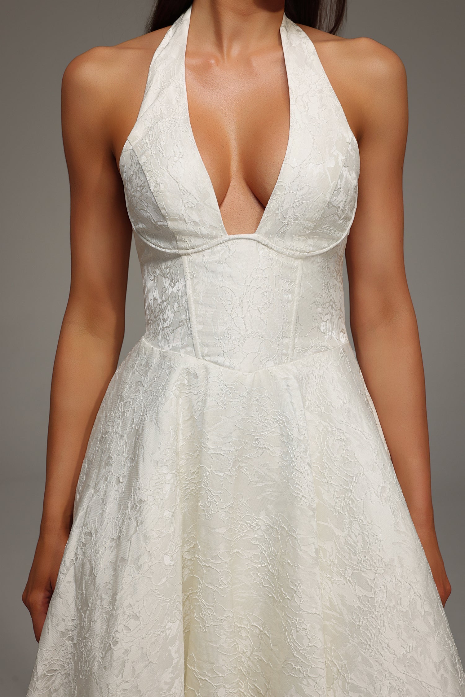 White Rinaka Sleeveless Halter Jacquard Weaving Midi Dress for formal occasions with deep V-neckline and jacquard detailing