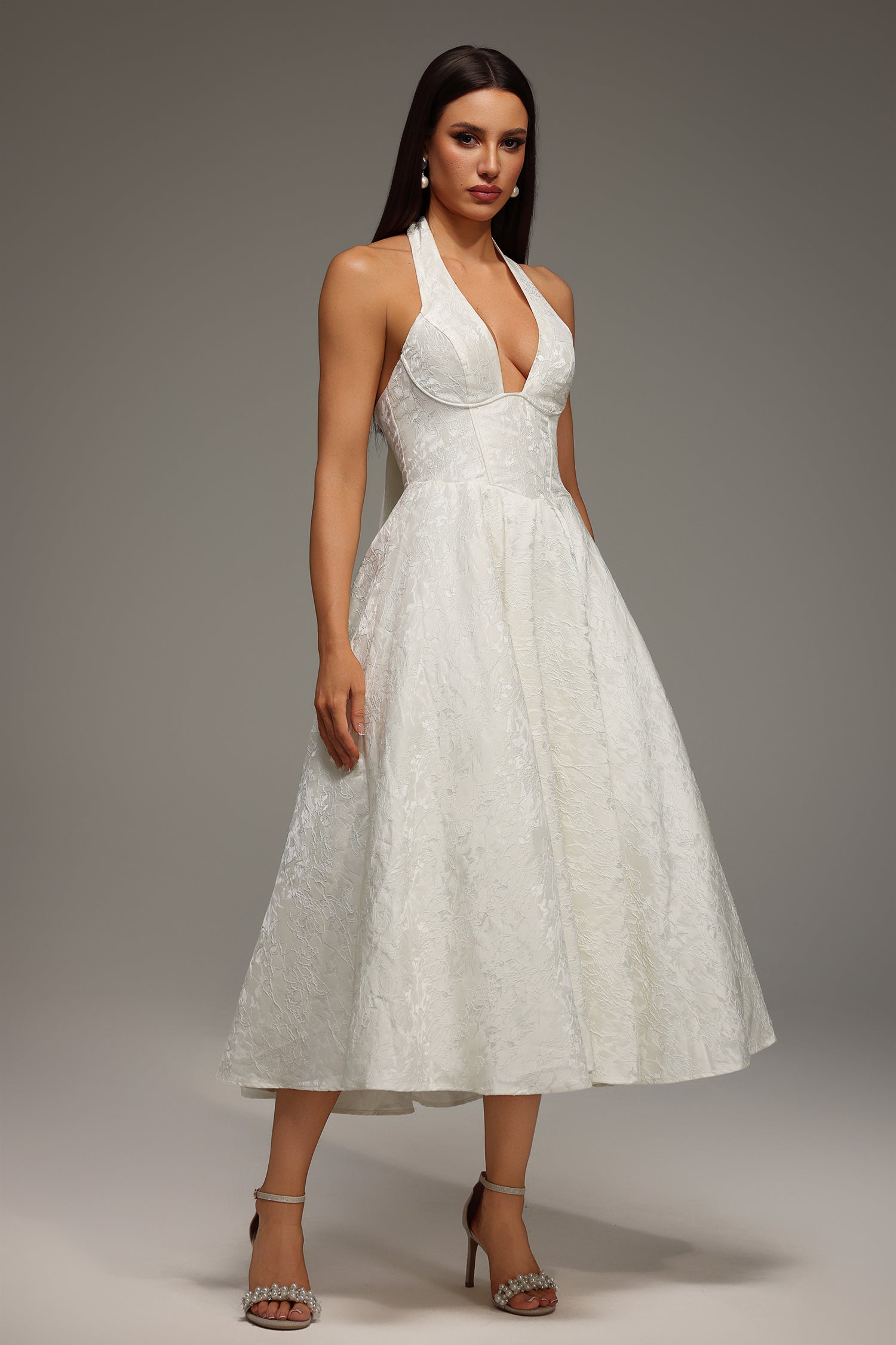 White Rinaka Sleeveless Halter Jacquard Weaving Midi Dress
