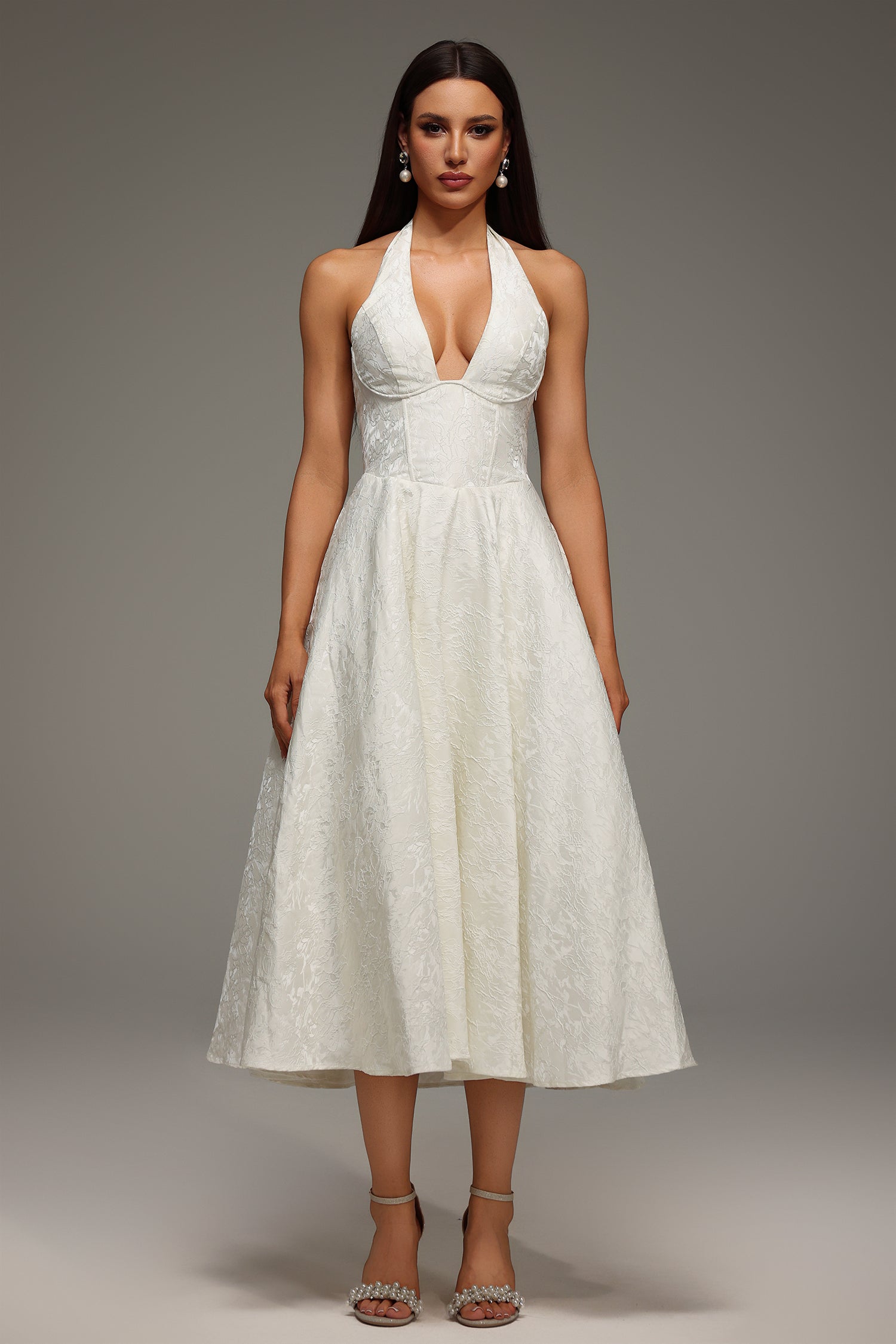 White Rinaka Sleeveless Halter Jacquard Weaving Midi Dress