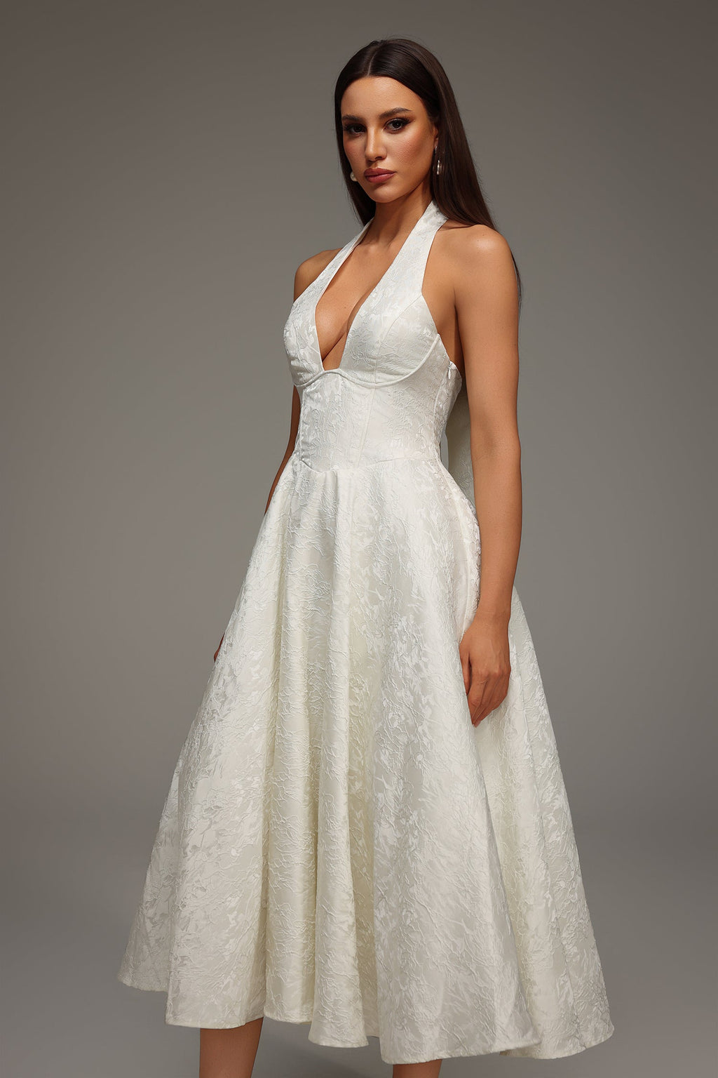 White Rinaka Sleeveless Halter Jacquard Weaving Midi Dress