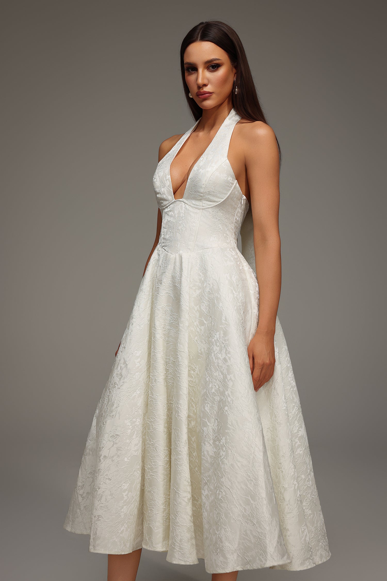 White Rinaka Sleeveless Halter Jacquard Weaving Midi Dress