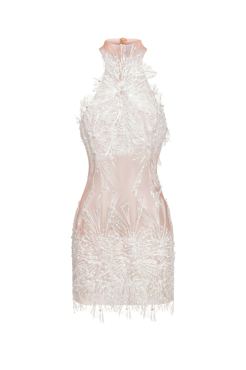 White sequin and pearl Adelina dress with high neckline and sleeveless design