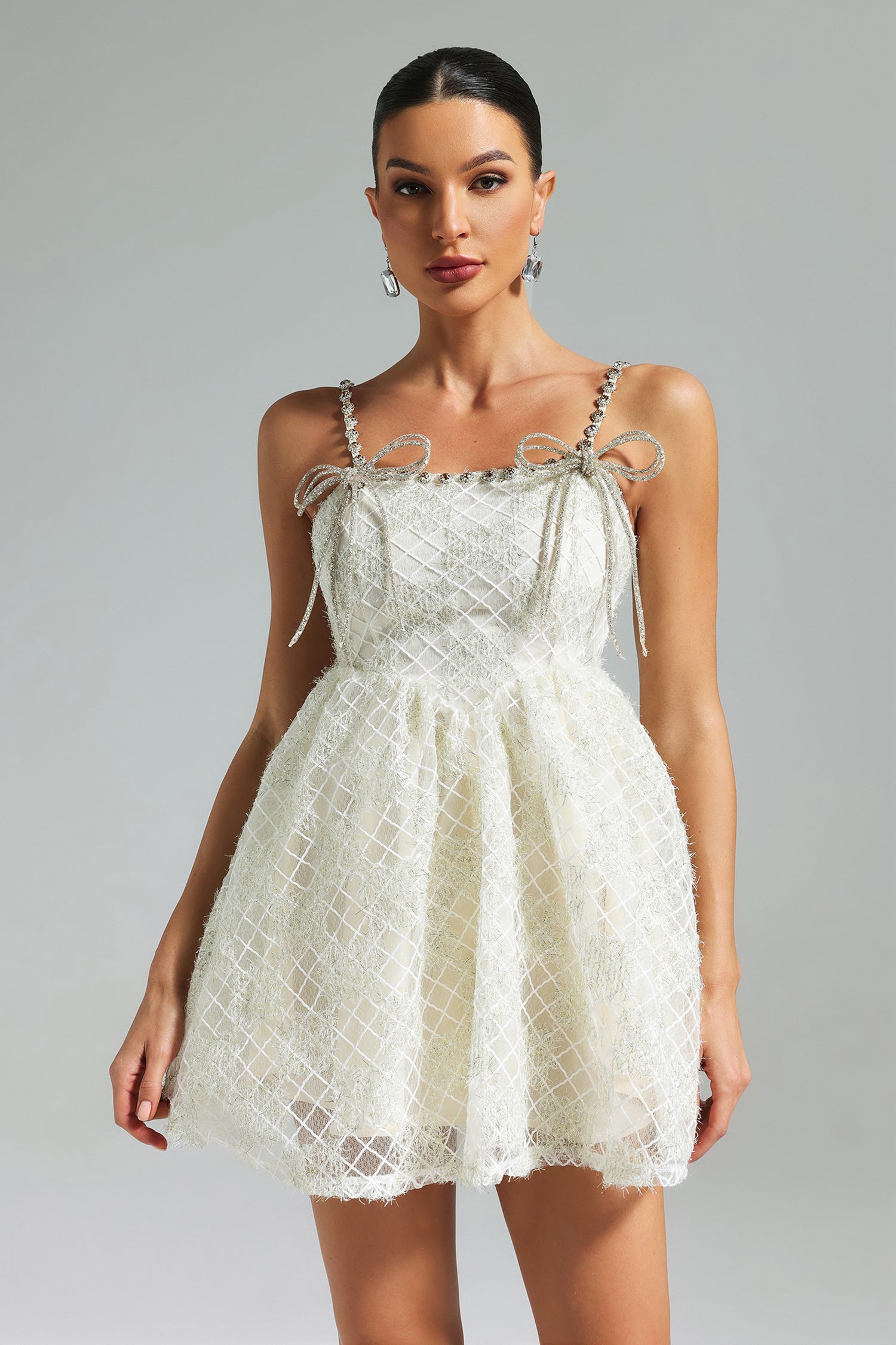 White Teela Diamante Bow Mesh Mini Dress
