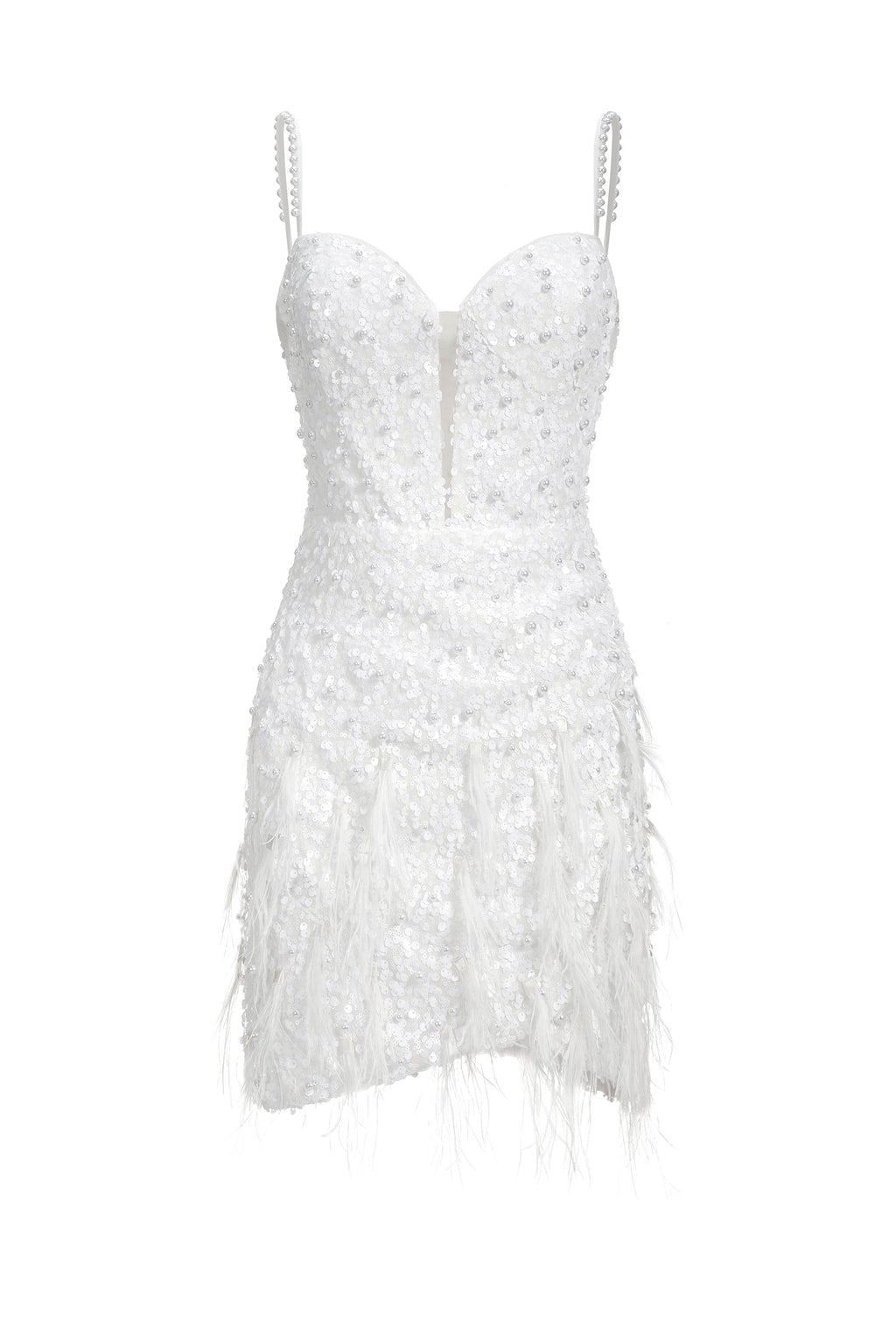 White Tryphosa Feather Diamond Mini Dress with intricate beadwork and shimmering sequins