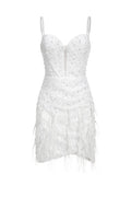 White Tryphosa Feather Diamond Mini Dress with intricate beadwork and shimmering sequins