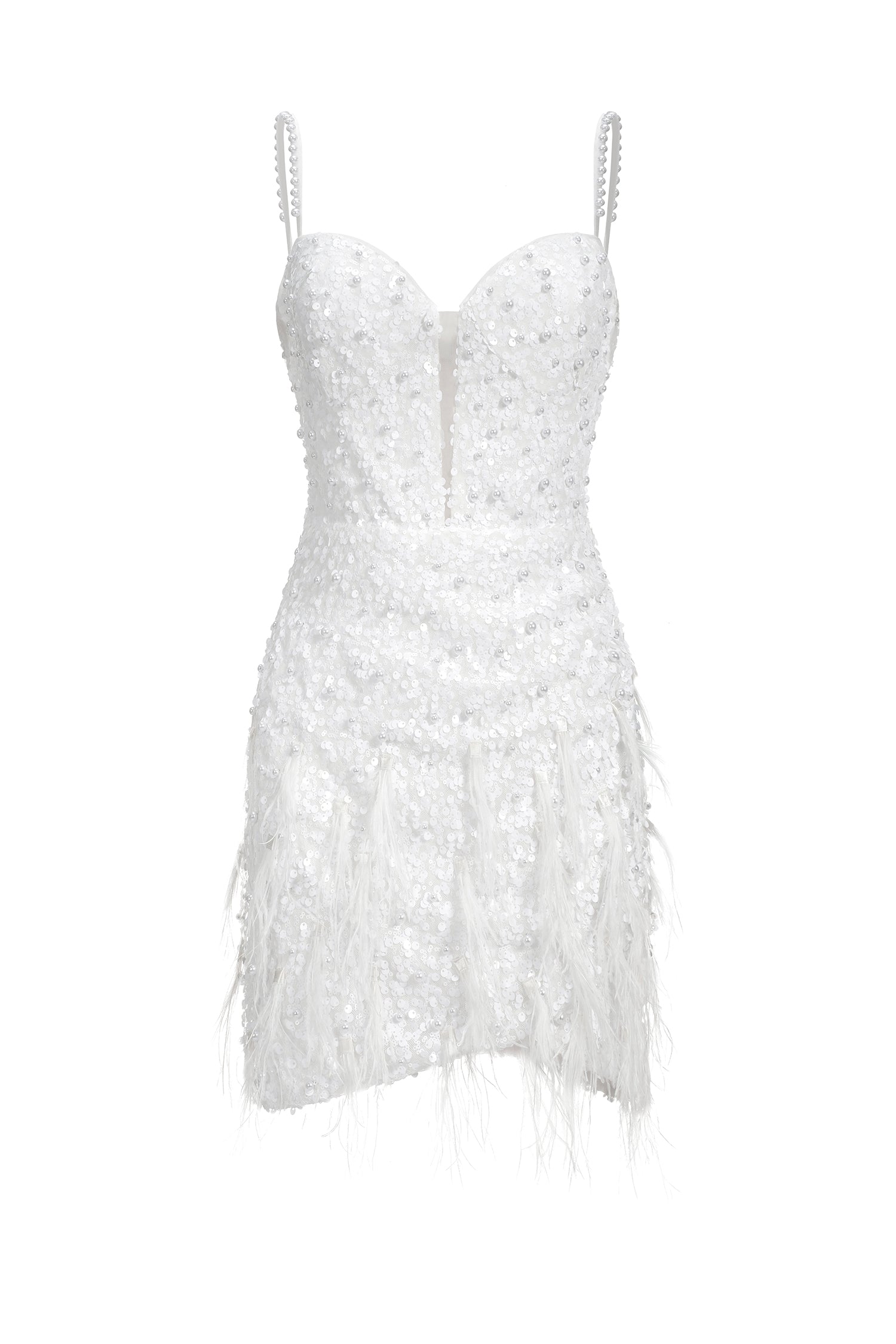 White Tryphosa Feather Diamond Mini Dress with intricate beadwork and shimmering sequins