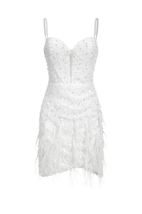White Tryphosa Feather Diamond Mini Dress with intricate beadwork and shimmering sequins