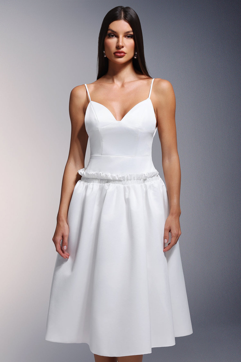 White Tutti Deep-V Fold Falbala Midi Dress