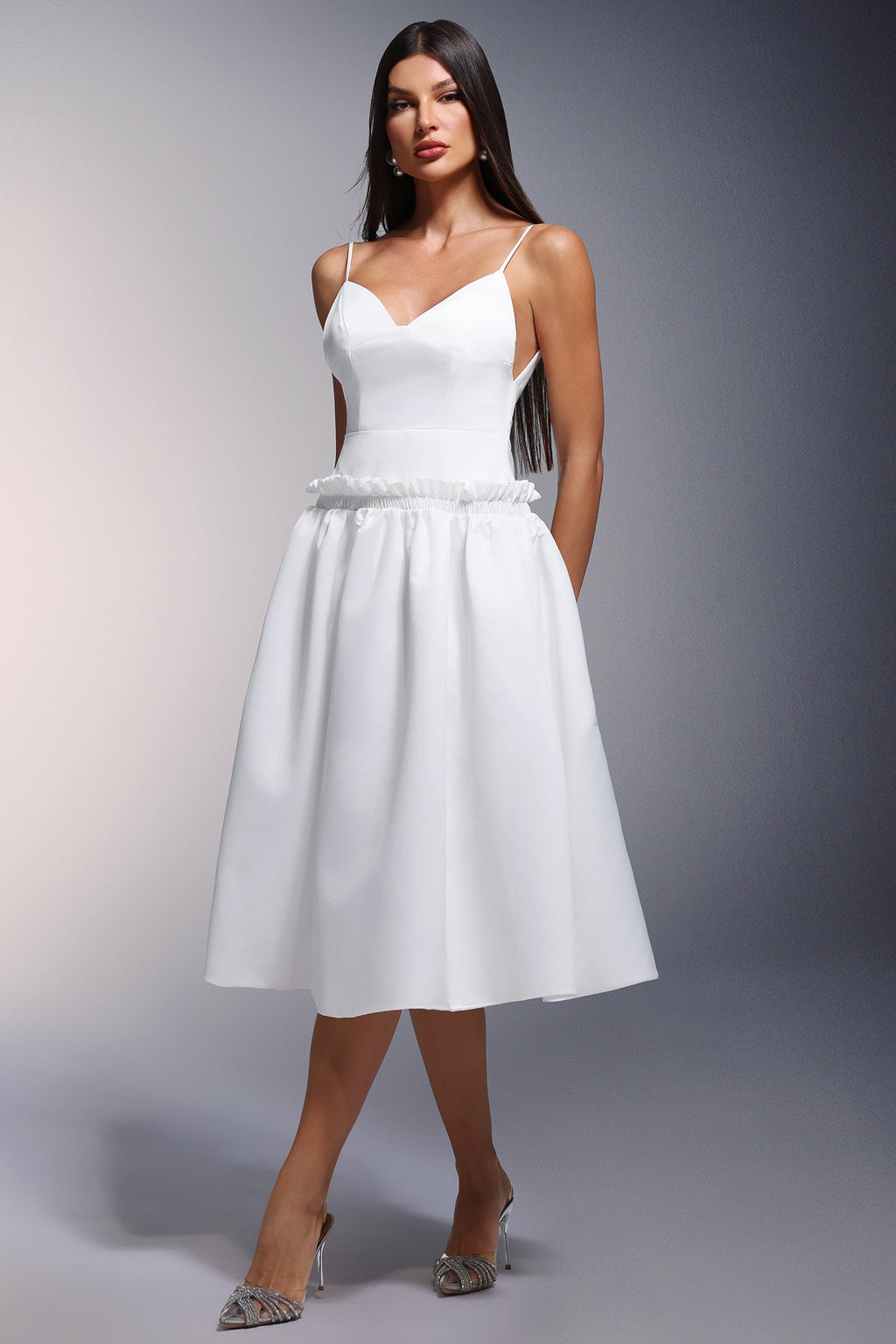 White Tutti Deep-V Fold Falbala Midi Dress