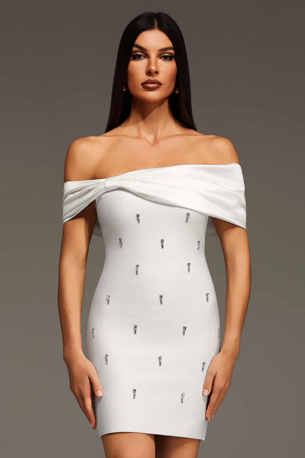 White Verney Off The Shoulder Bow Diamond Bandage Mini Dress
