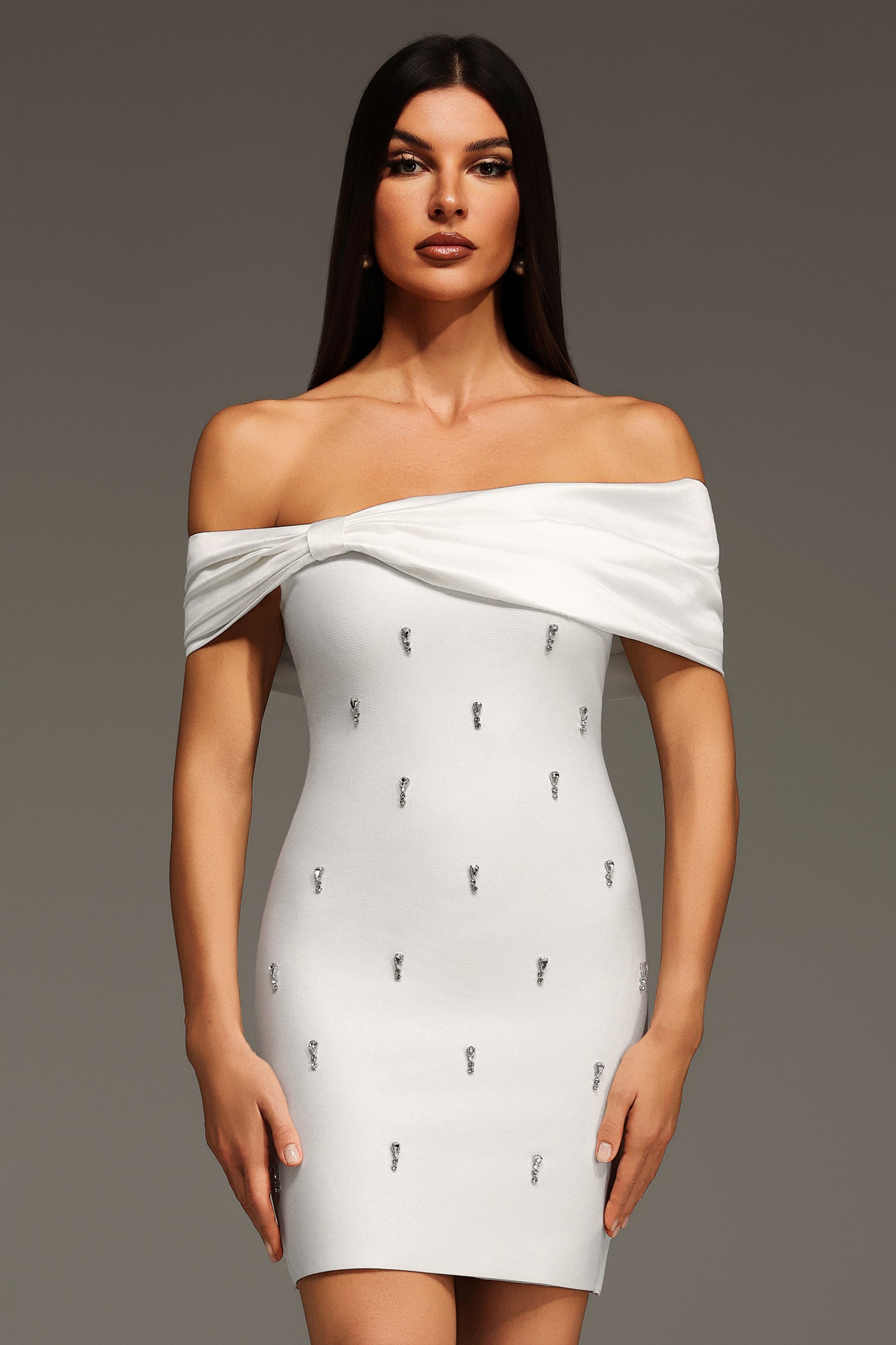 White Verney Off The Shoulder Bow Diamond Bandage Mini Dress