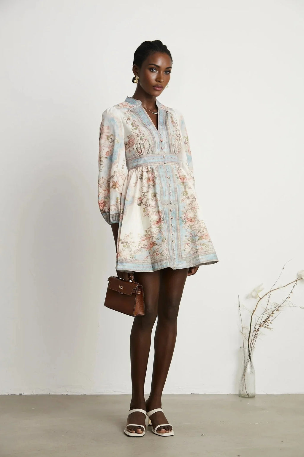 Willa Mini Dress Romantic Blue Floral V - Neck Mini - Length Button - Front