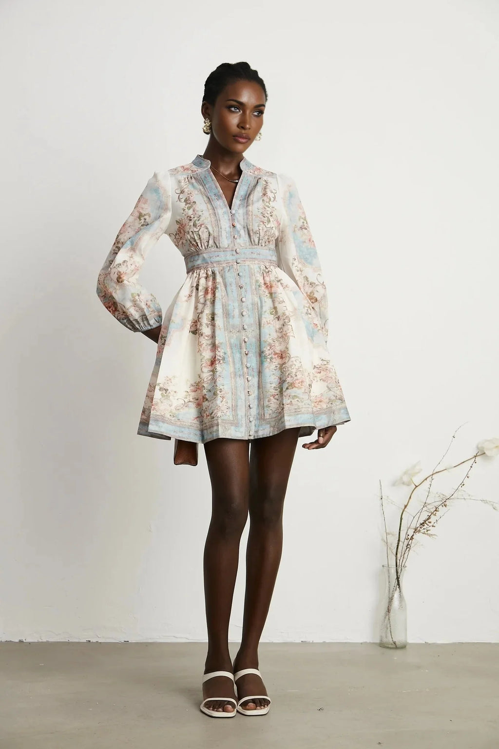 Willa Mini Dress Romantic Blue Floral V - Neck Mini - Length Button - Front