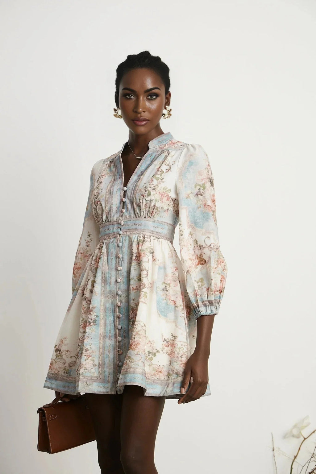 Willa Mini Dress Romantic Blue Floral V - Neck Mini - Length Button - Front