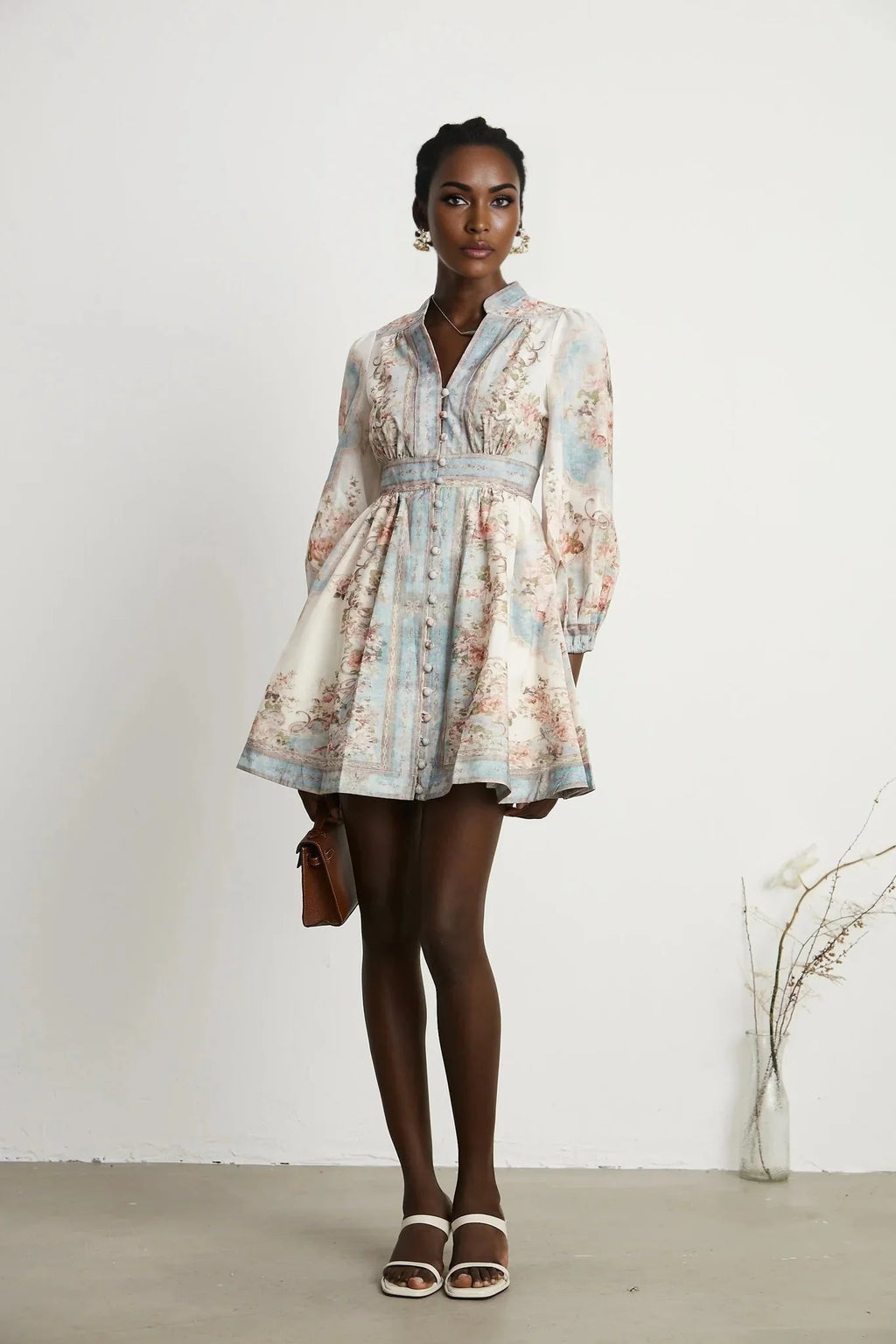 Willa Mini Dress Romantic Blue Floral V - Neck Mini - Length Button - Front