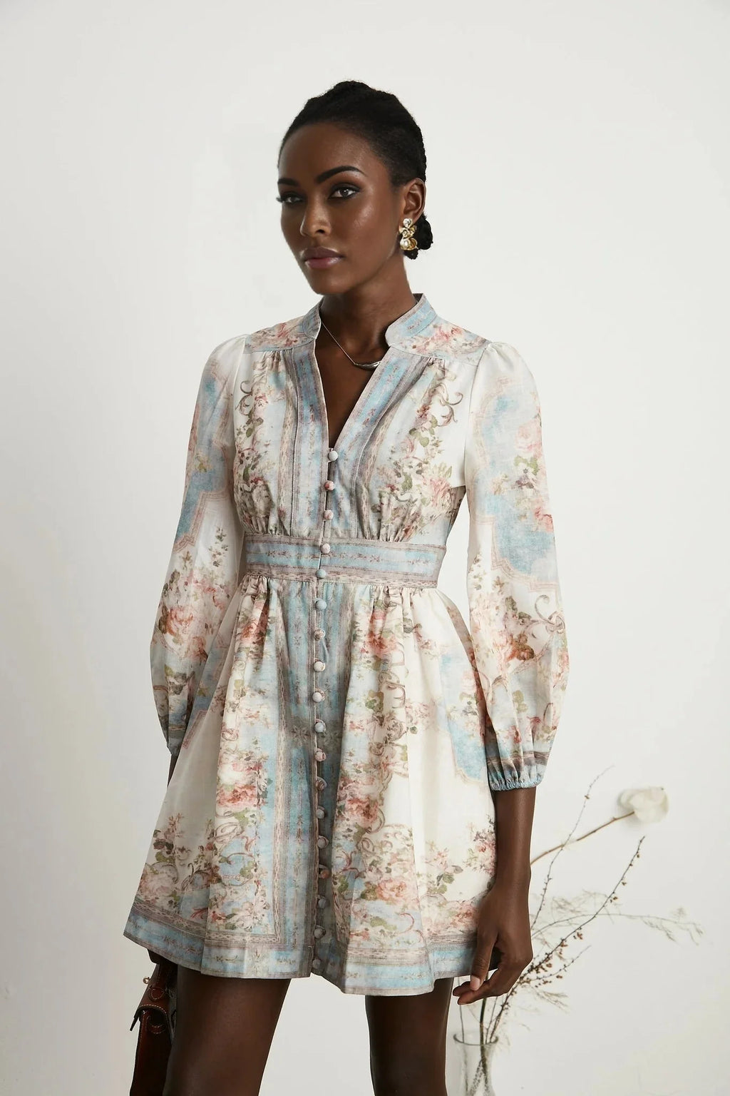 Willa Mini Dress Romantic Blue Floral V - Neck Mini - Length Button - Front