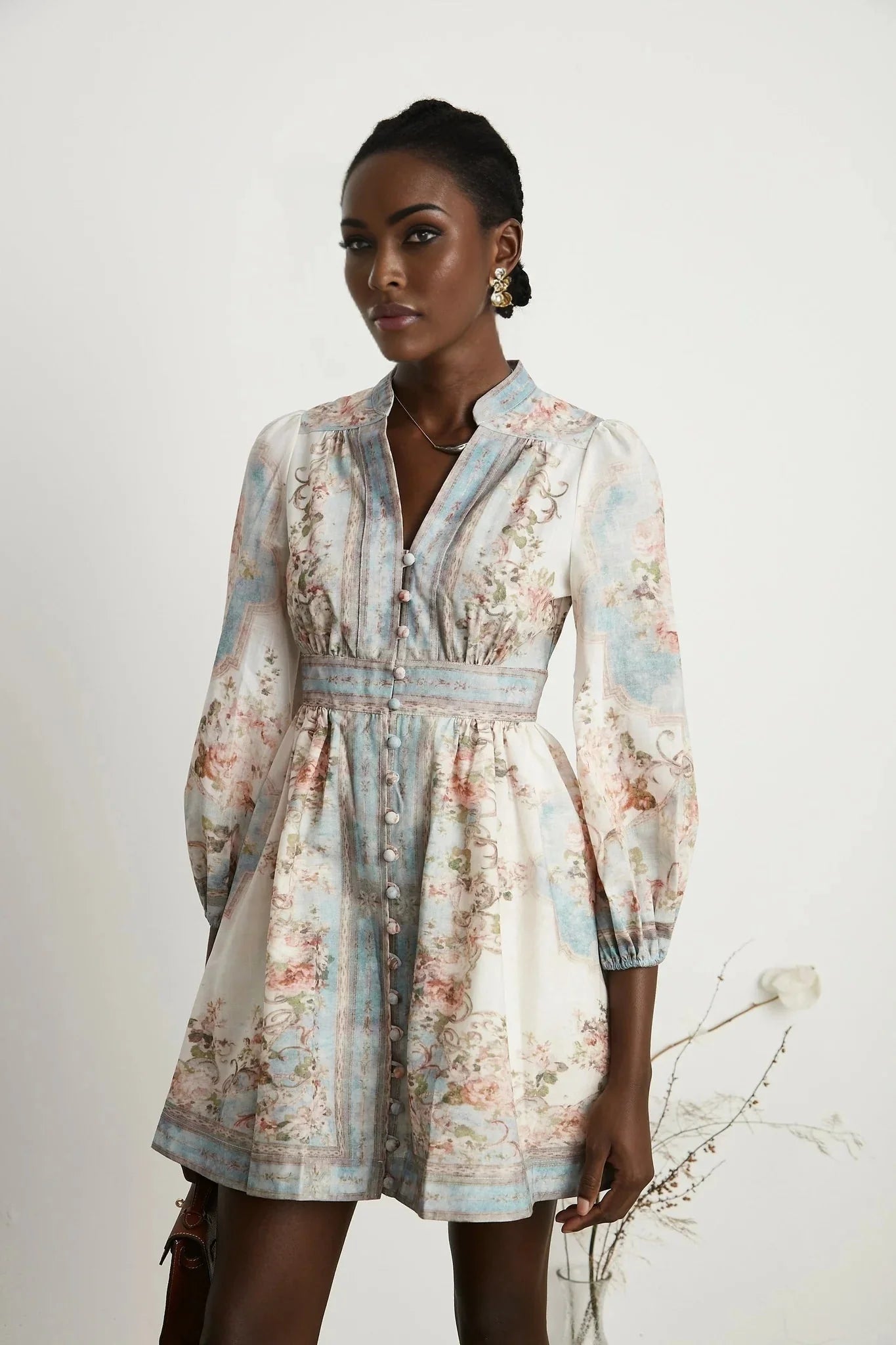 Willa Mini Dress Romantic Blue Floral V - Neck Mini - Length Button - Front