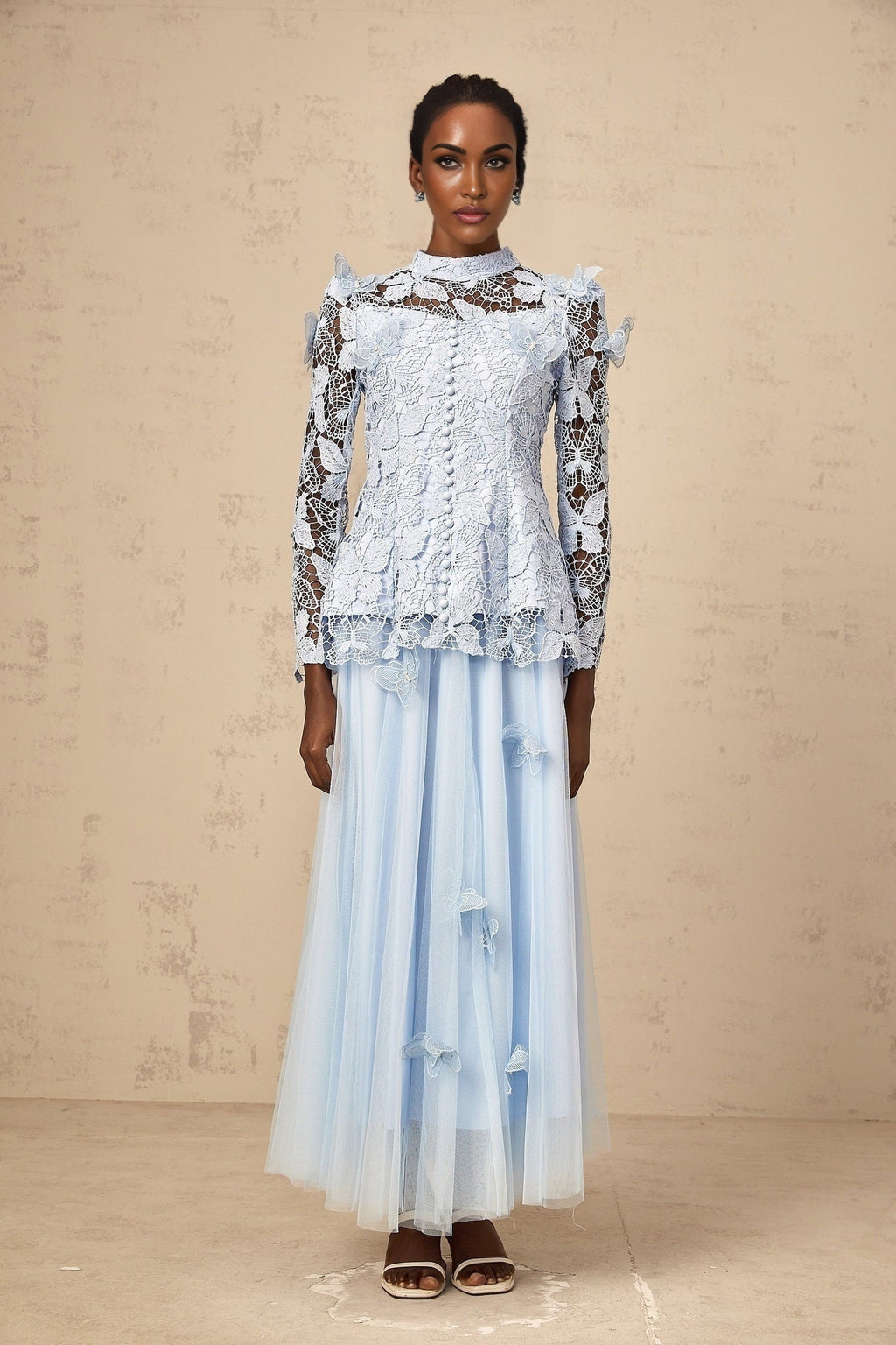 Willa Skirt & Top Set Blue Sequined Lace Butterfly Embellished