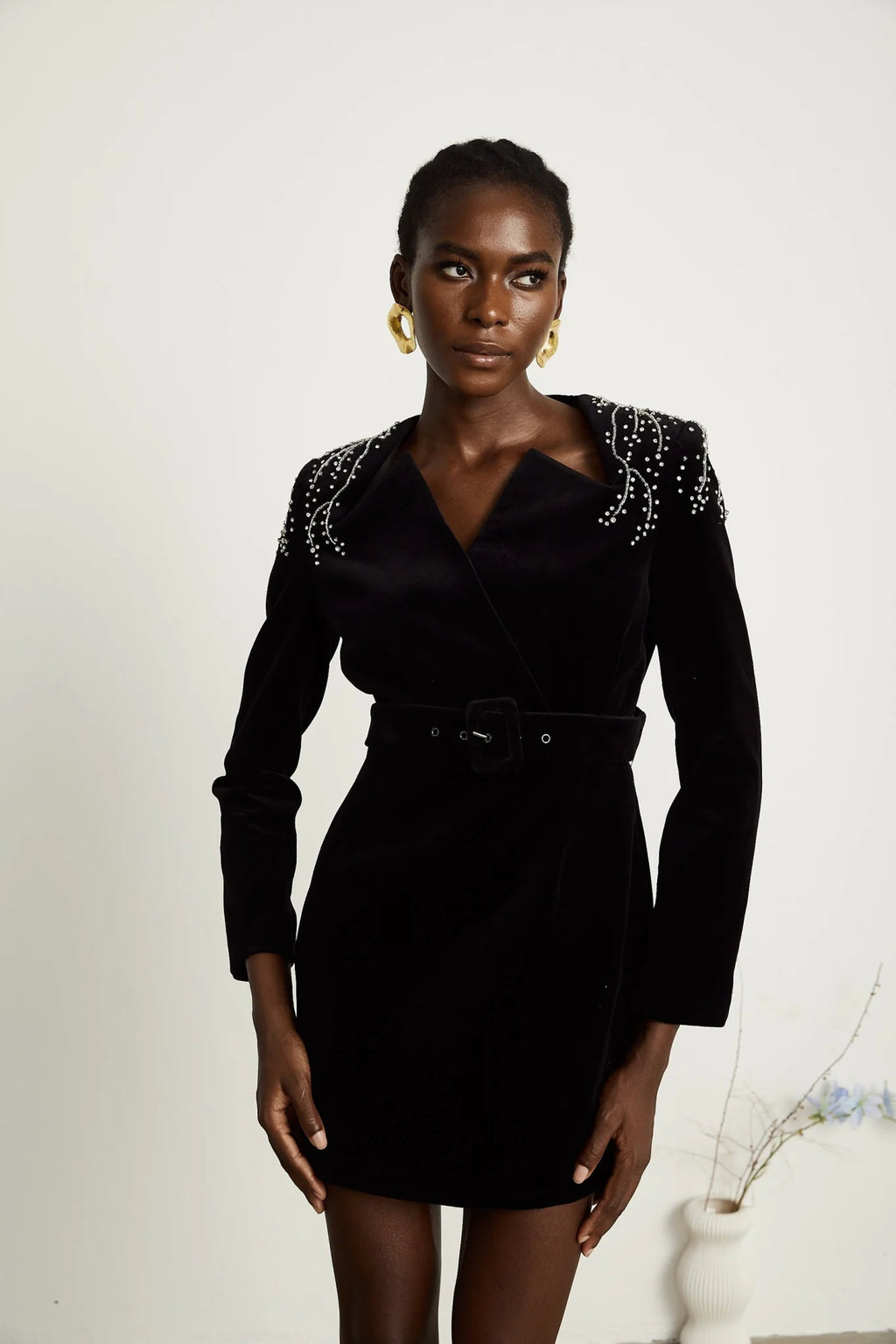 Willow Mini Dress Black Velvet Crystal Belt