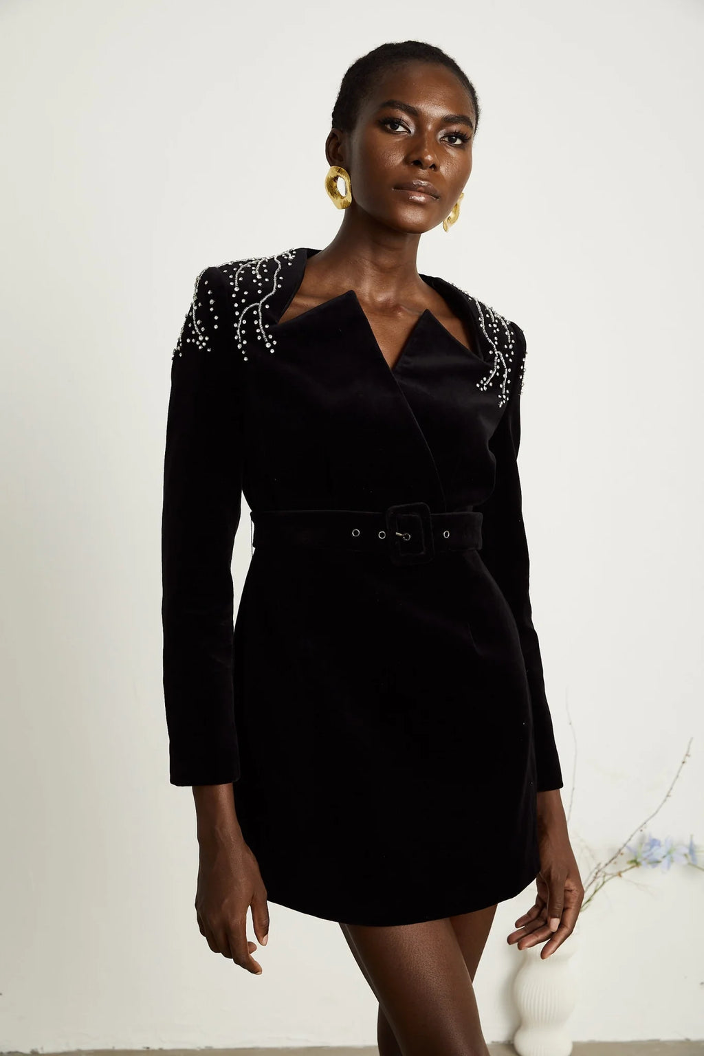 Willow Mini Dress Black Velvet Crystal Belt