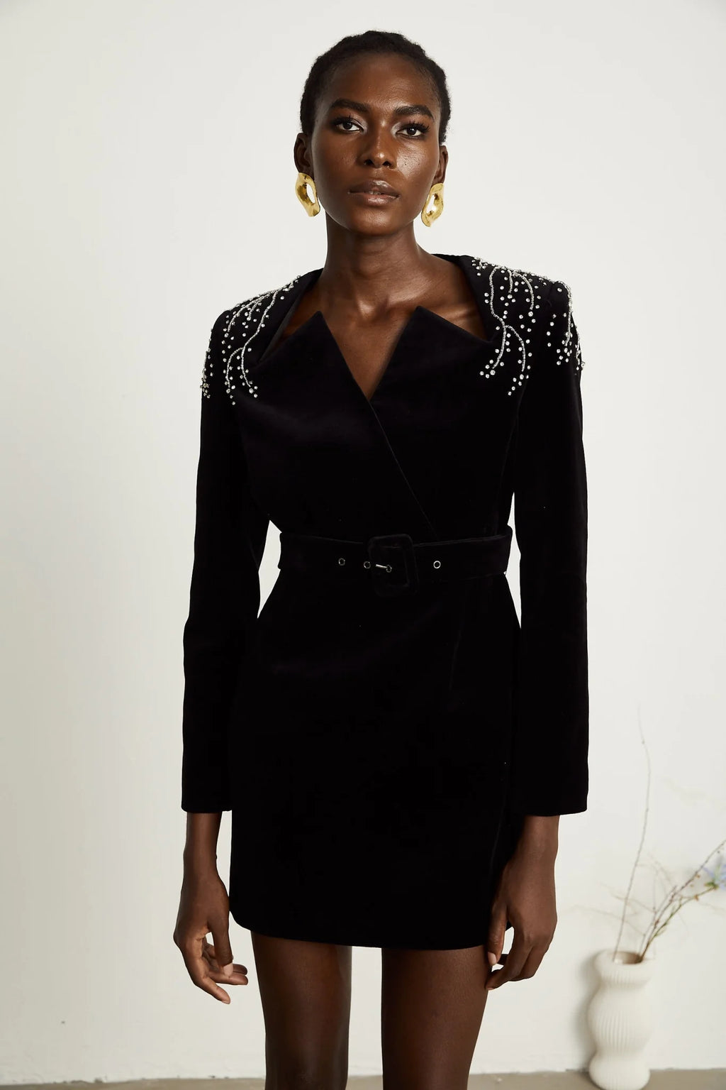 Willow Mini Dress Black Velvet Crystal Belt