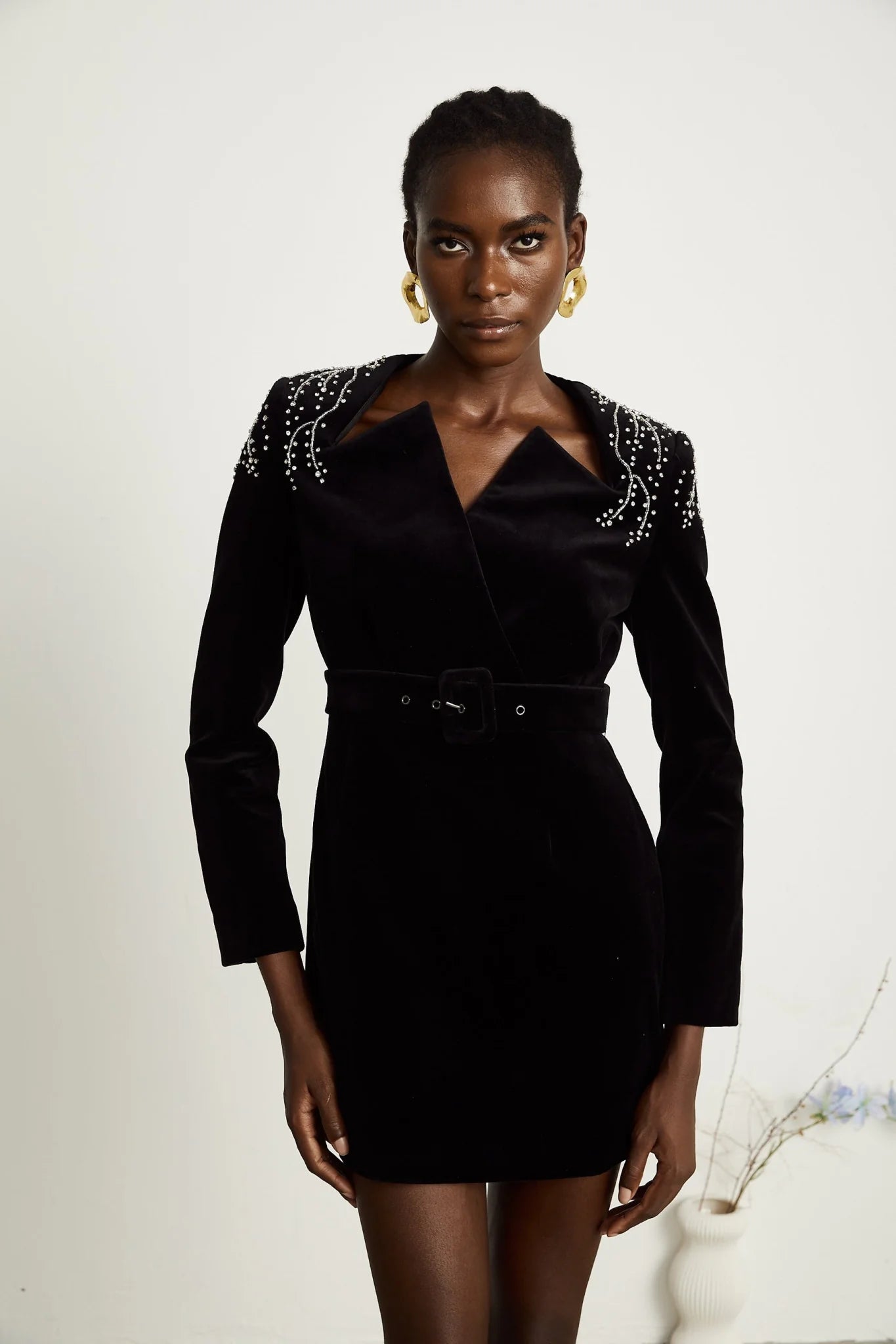 Willow Mini Dress Black Velvet Crystal Belt