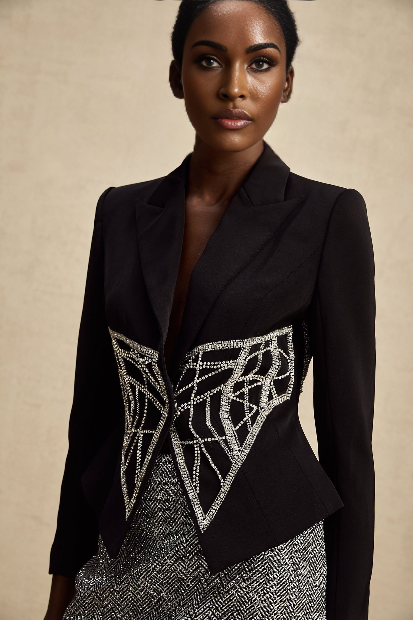 Yara Jacket Black Crystal Embellished Cinched Waist Slim Fit