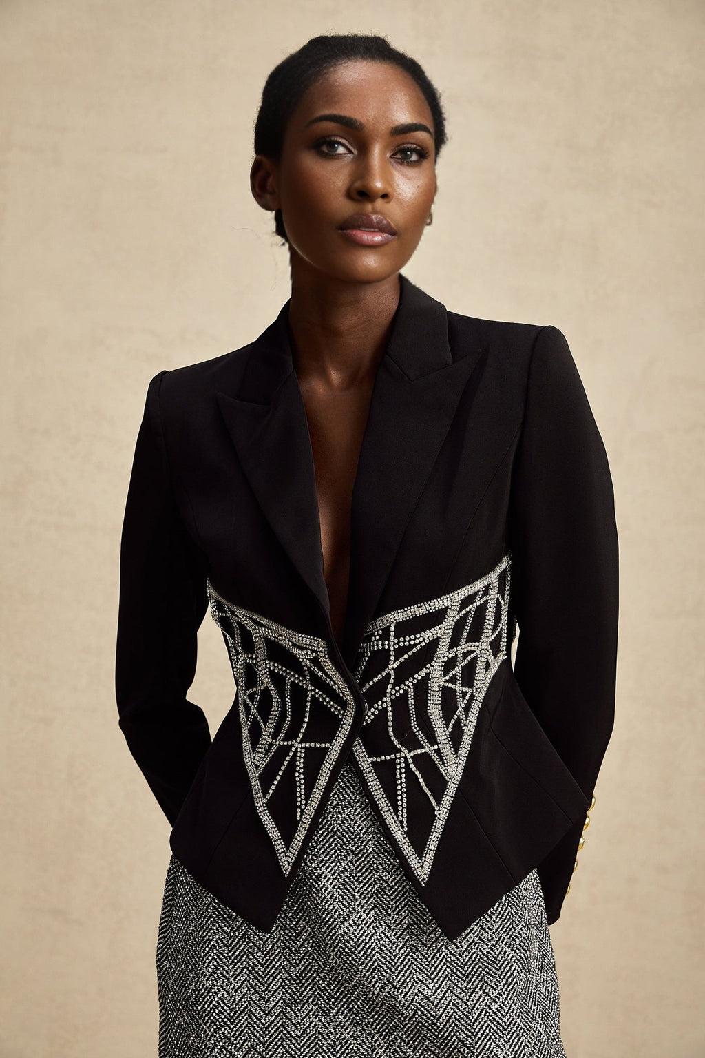 Yara Jacket Black Crystal Embellished Cinched Waist Slim Fit