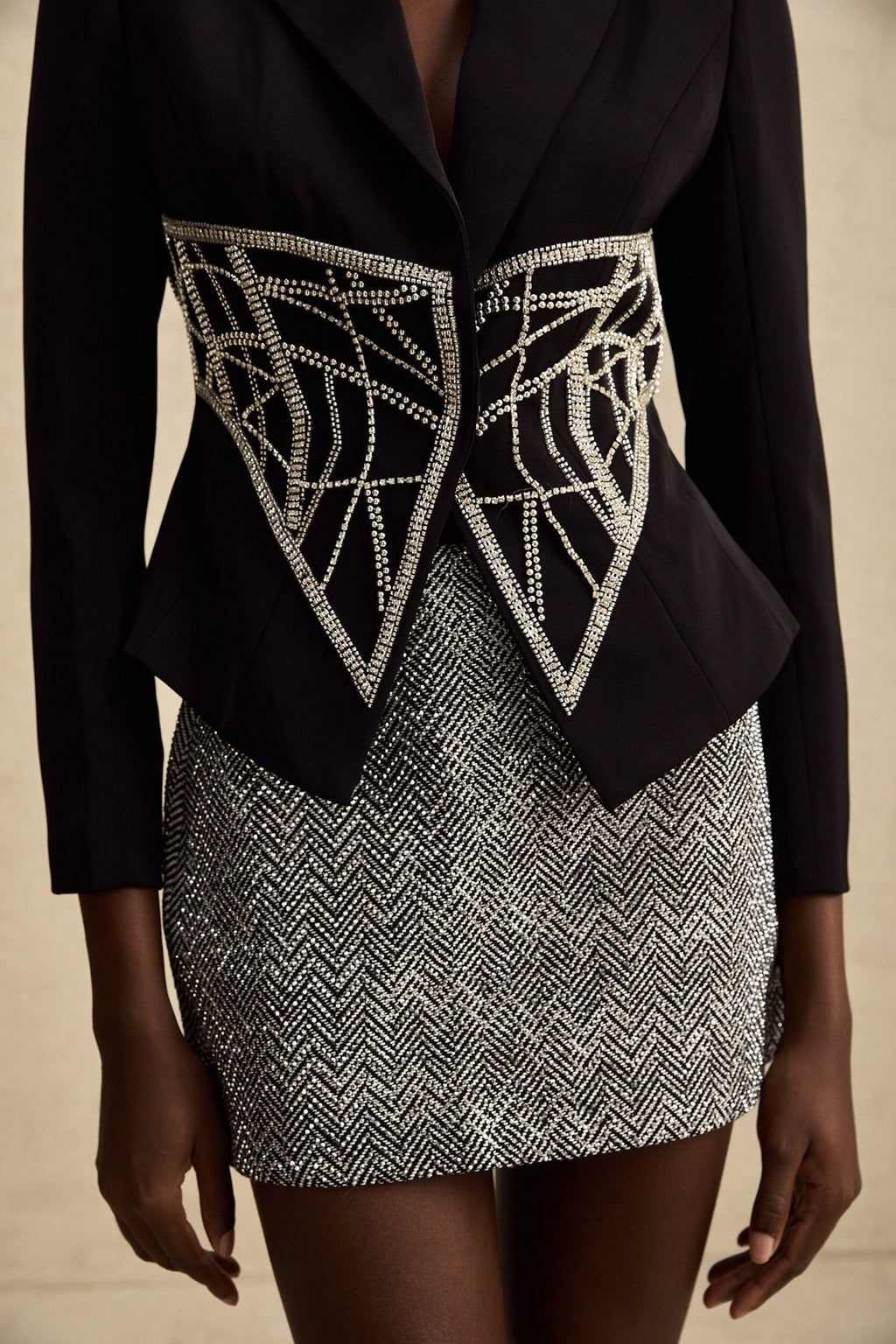 Yara Jacket Black Crystal Embellished Cinched Waist Slim Fit