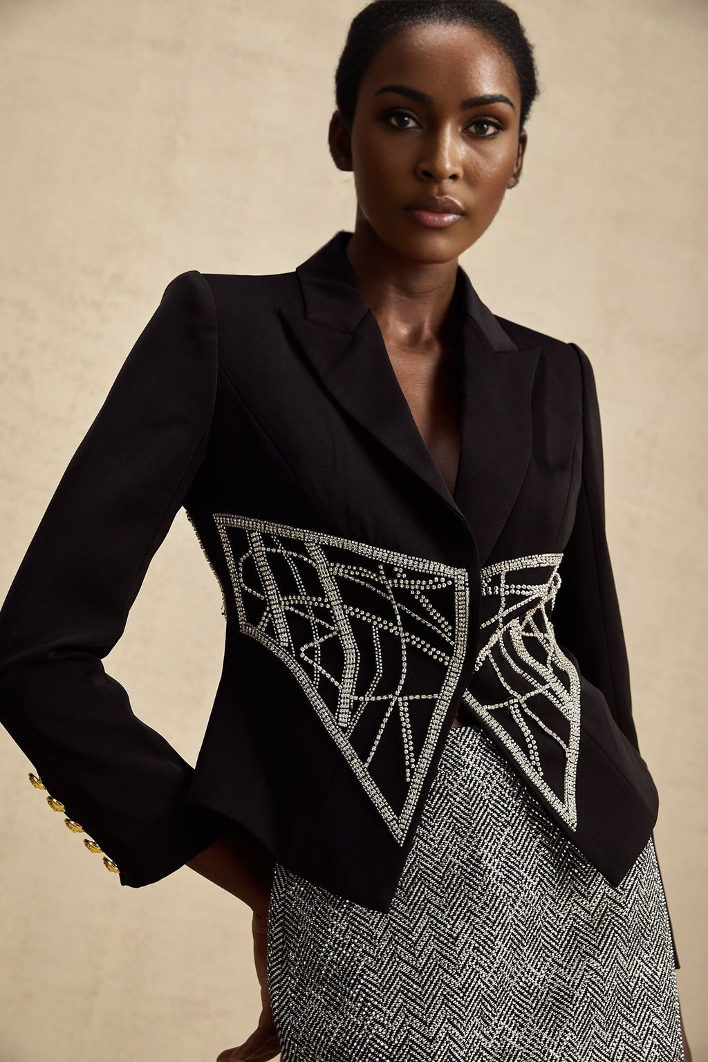 Yara Jacket Black Crystal Embellished Cinched Waist Slim Fit