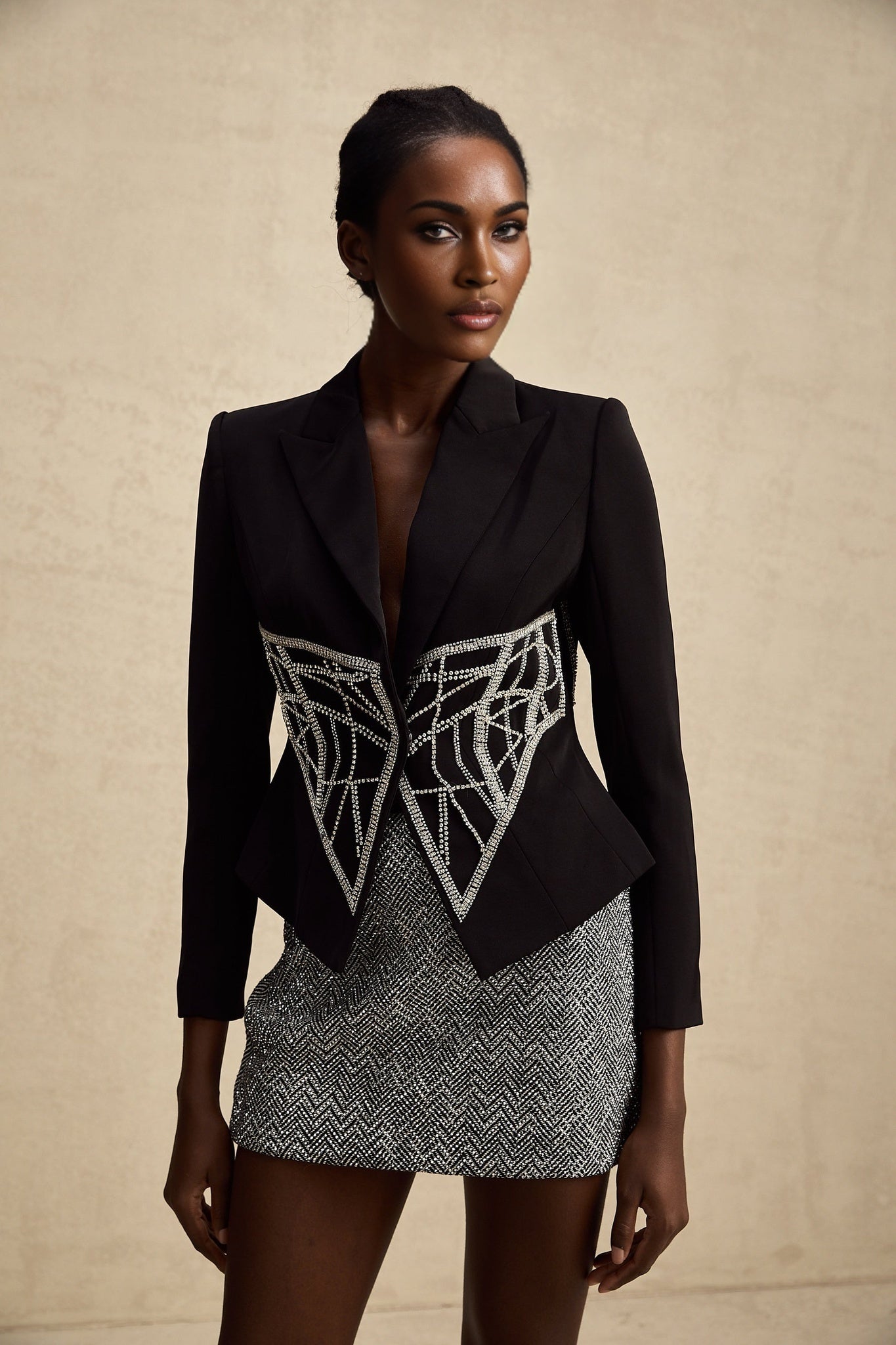 Yara Jacket Black Crystal Embellished Cinched Waist Slim Fit