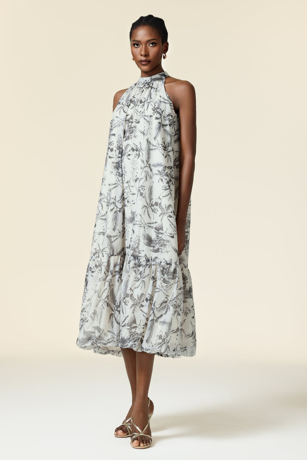 Yara White Floral Halter Midi Dress for Women