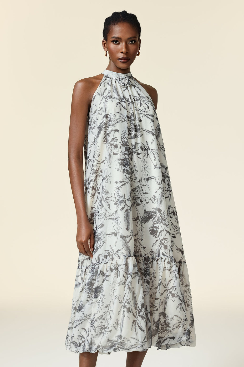 Yara White Floral Halter Neck Midi Dress for Women