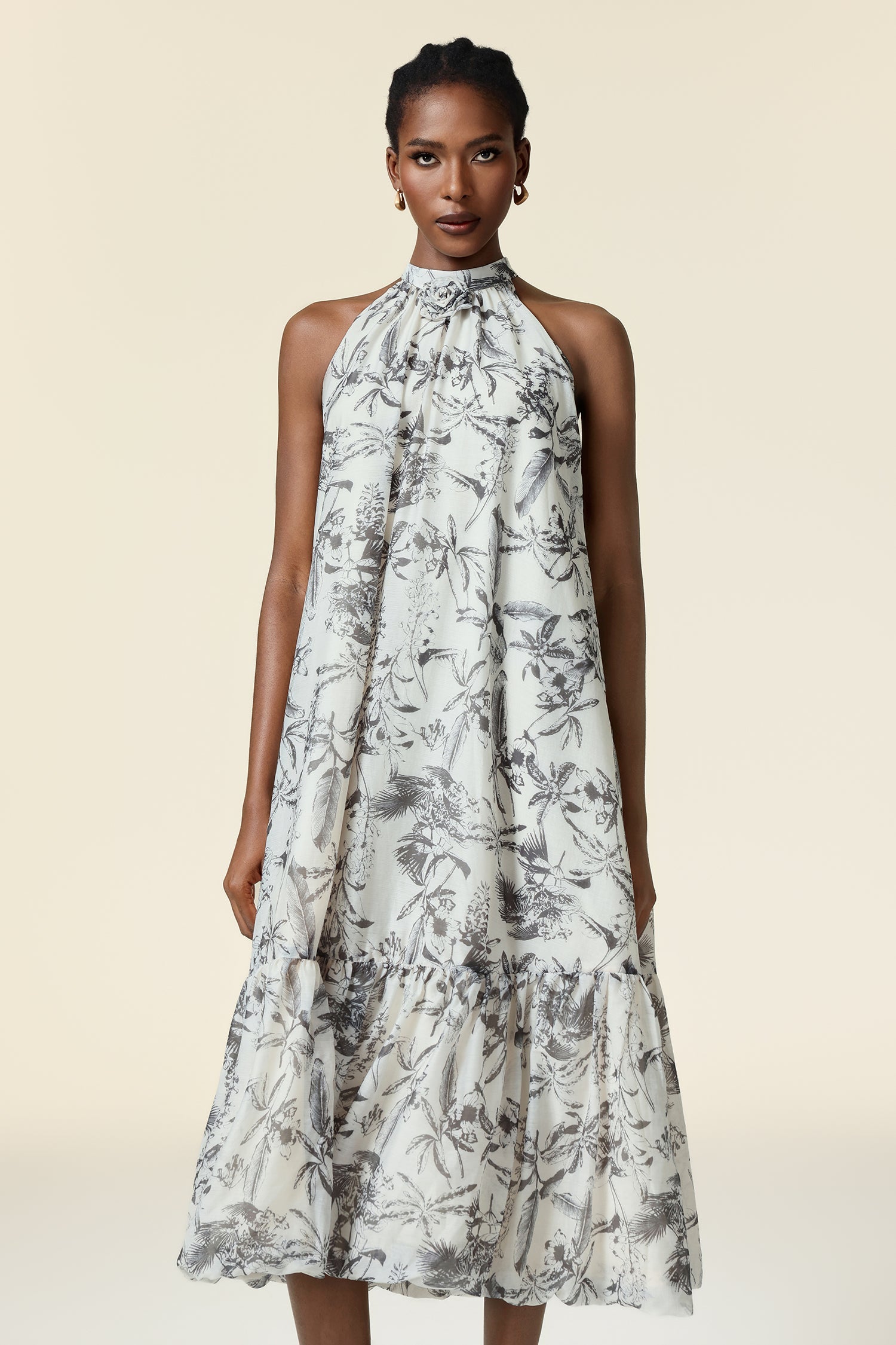 Yara White Floral Halter Tiered Midi Dress