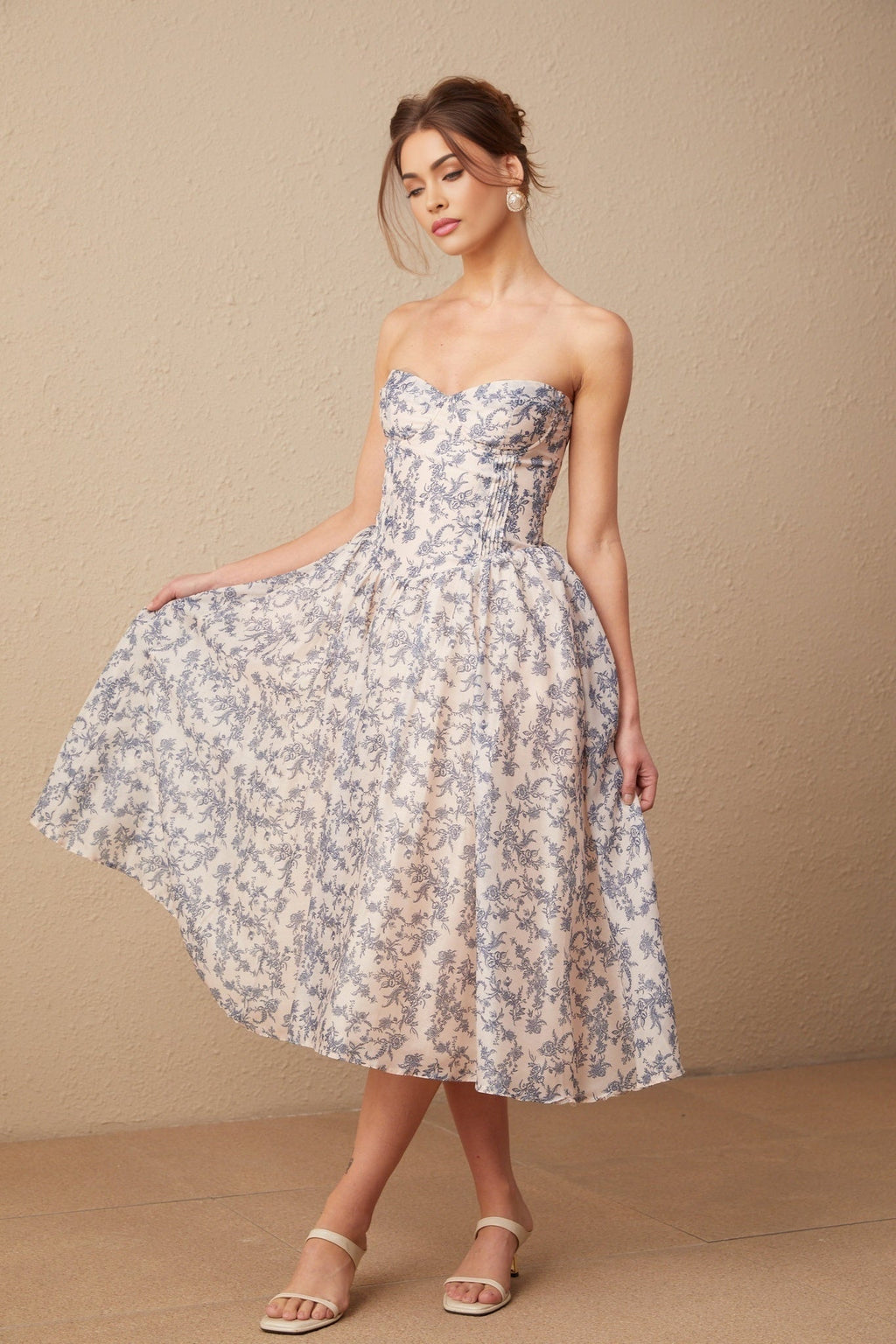 Yasmin Neutrals Blue Floral Print Midi Dress
